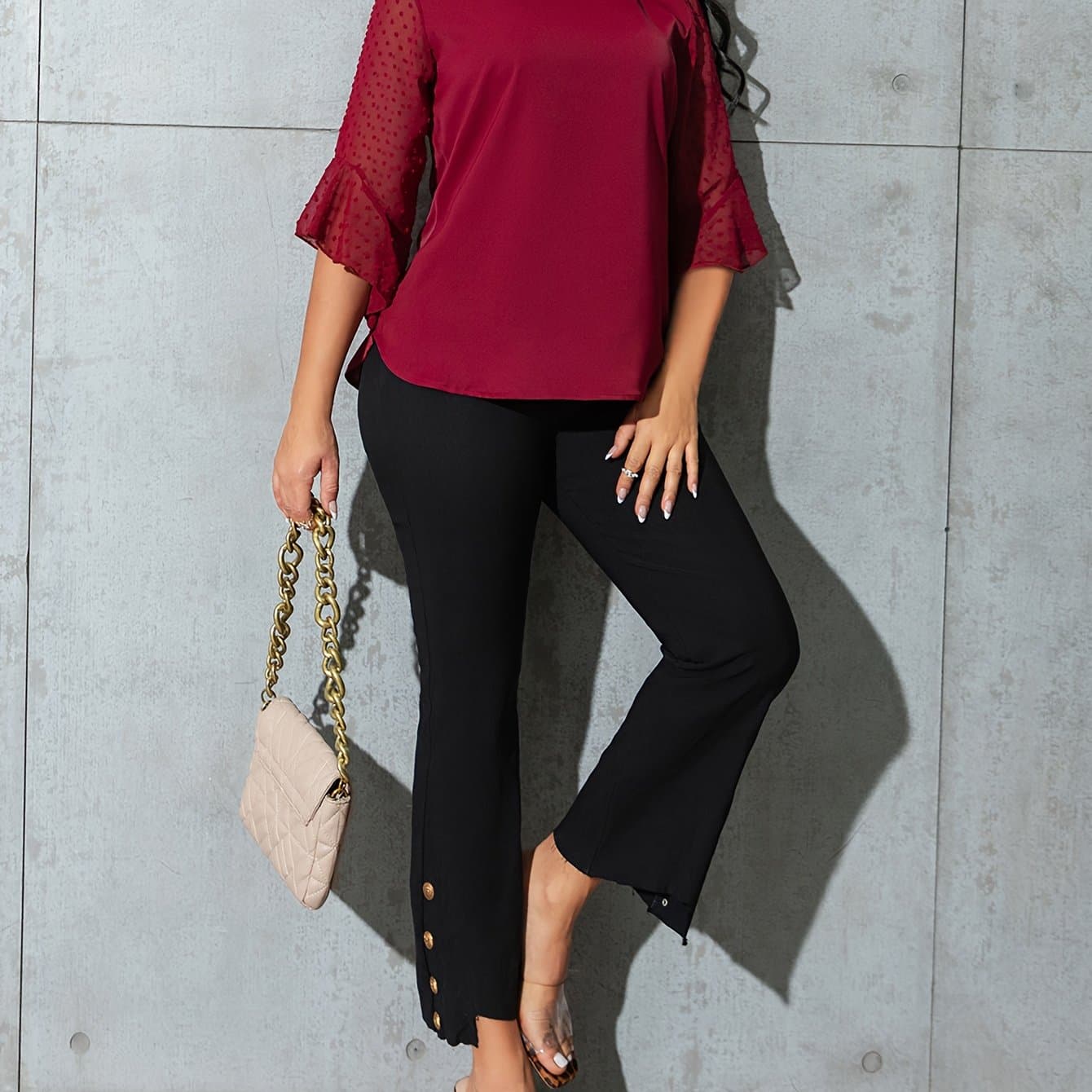 TEMU Women's Elegant Special Edition Round Neck Mesh Ruffle Sleeve Flare Sleeve Blouse