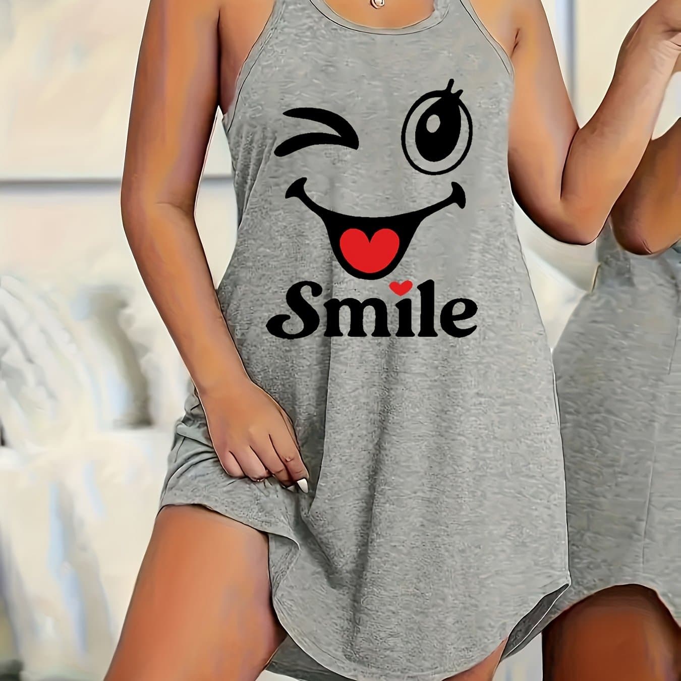 TEMU Women's Casual Pajamas, Cartoon "smile" Letter Print Round Neck Curved Hem Tank Nightgown, /summer Loungewear