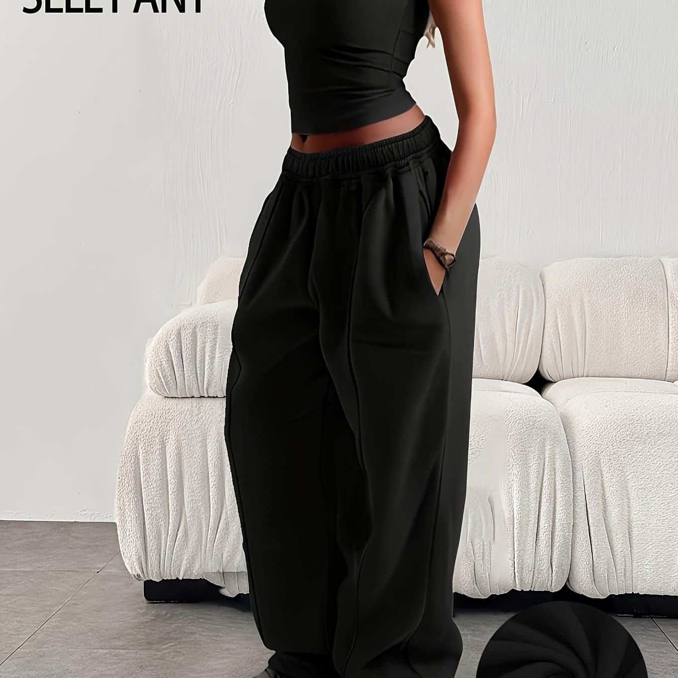 TEMU Women's Sporty Casual Long Pants, Loose-fitting Simple Solid-color Elastic Waist Sweatpants