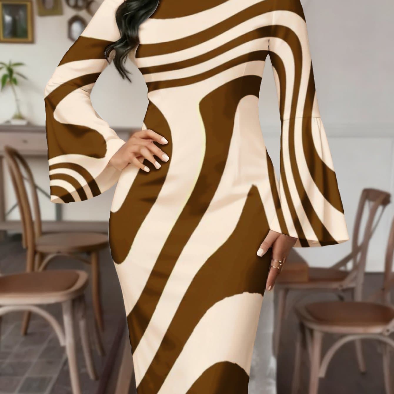 TEMU Plus Size, Elegant Women's Flared Sleeve Sheath Dress With Beige And Brown Abstract Stripe Print - Elegant Cocktail Reception And Evening Dress Pencil Skirt