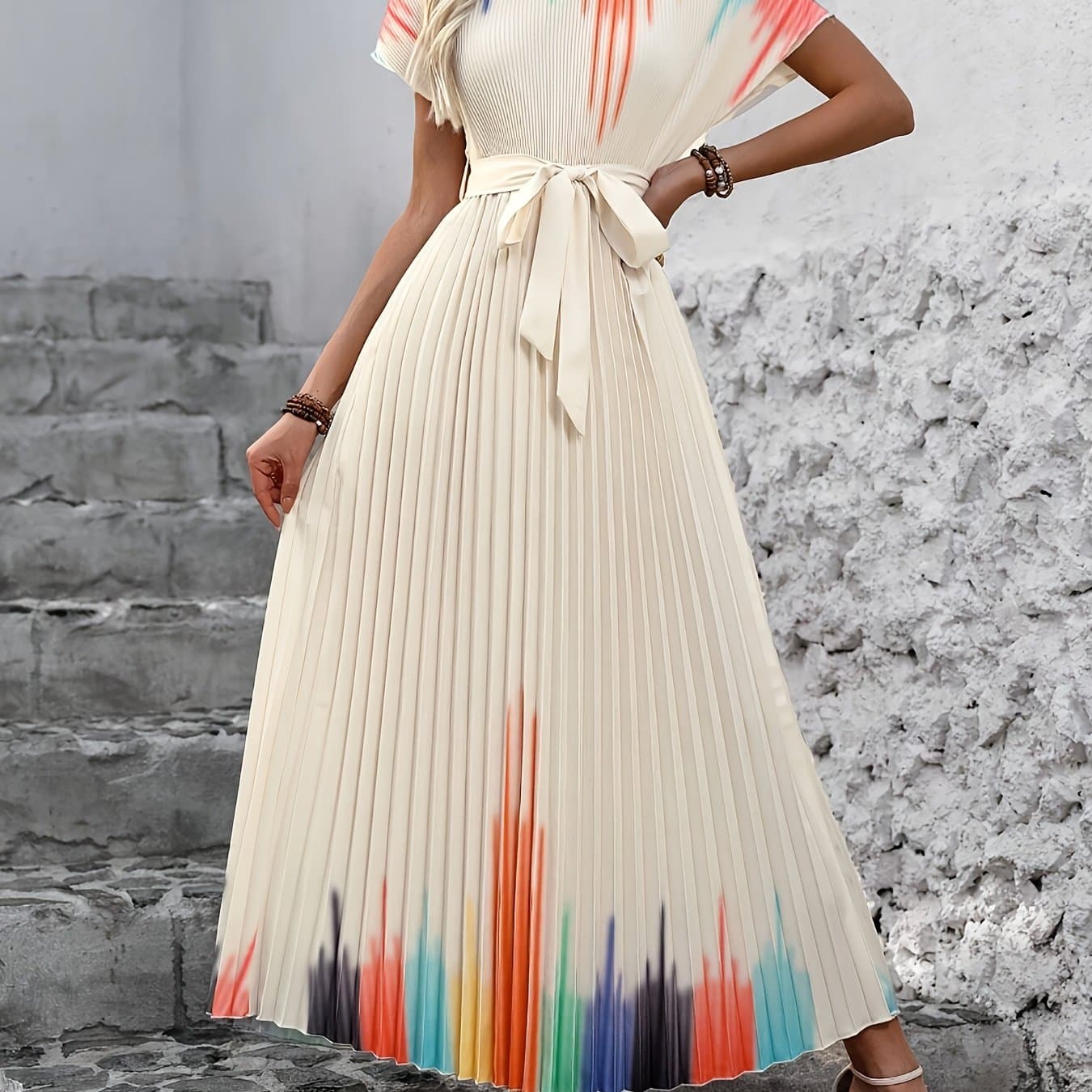 TEMU Women's Gradient Color Batwing Sleeve Belted Pleated Long Dress