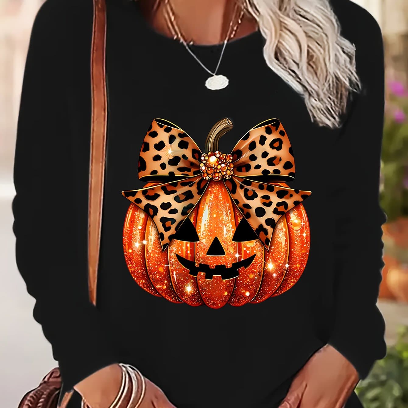 TEMU Halloween-themed Pumpkin Print Round Neck Long Sleeve T-shirt