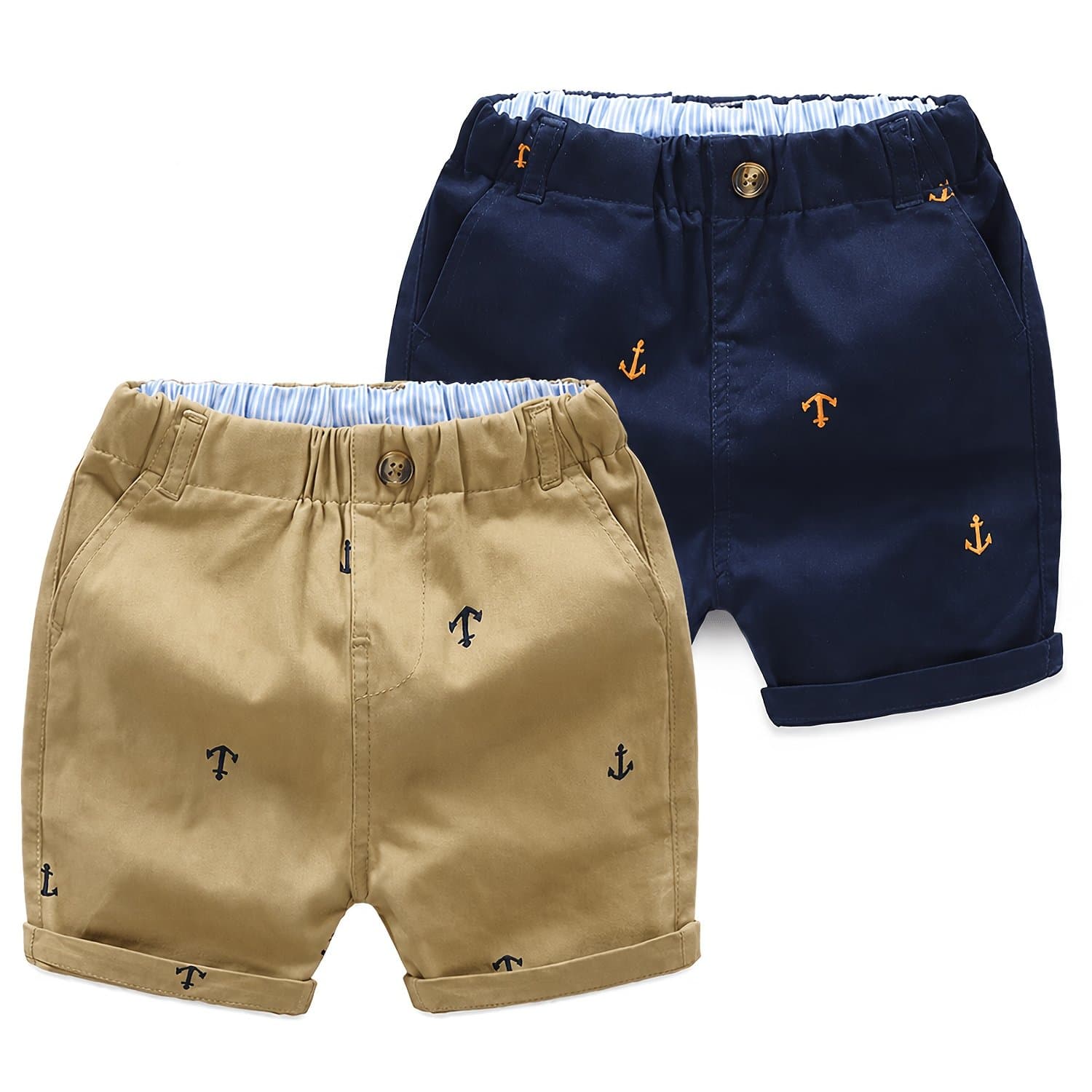 TEMU 2-pack Toddler Boys' Athletic Shorts With Pockets - Pull-on Design Active Adorable Anchor-print, Soft And Breathable Casual Summer Shorts For Kids 1-7 Years, For Outdoor