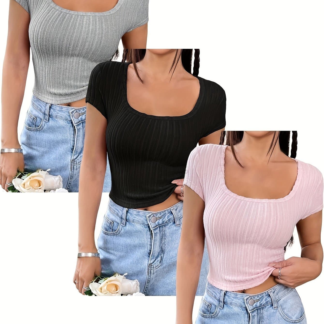 TEMU 3pcs Solid Color Ribbed T-shirt, Short Sleeve Square Neck Casual Top For Summer & Spring, Women's Clothing