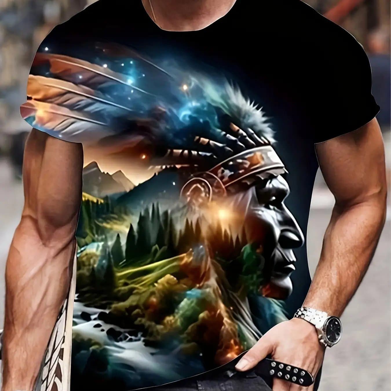 TEMU Plus Size Men's Vibrant 3d Tribal Print Shirt - Casual Short-sleeve Round Neck, Machine Washable, Featuring Local American With Feathers And Mountains, Summer Top | | Stretchy Fabric