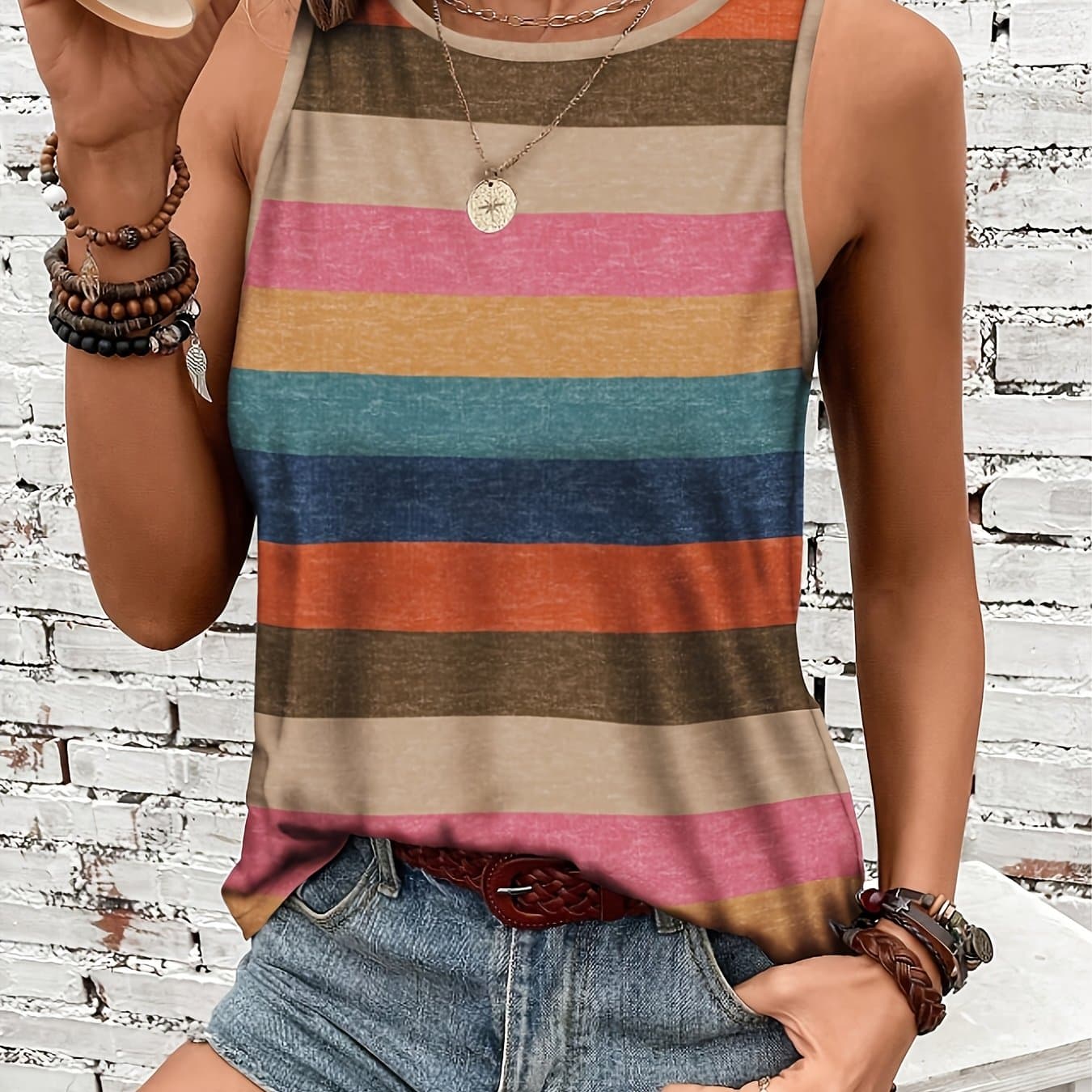 TEMU Women's European And Fashionable Casual Round Neck Printed Tank Top