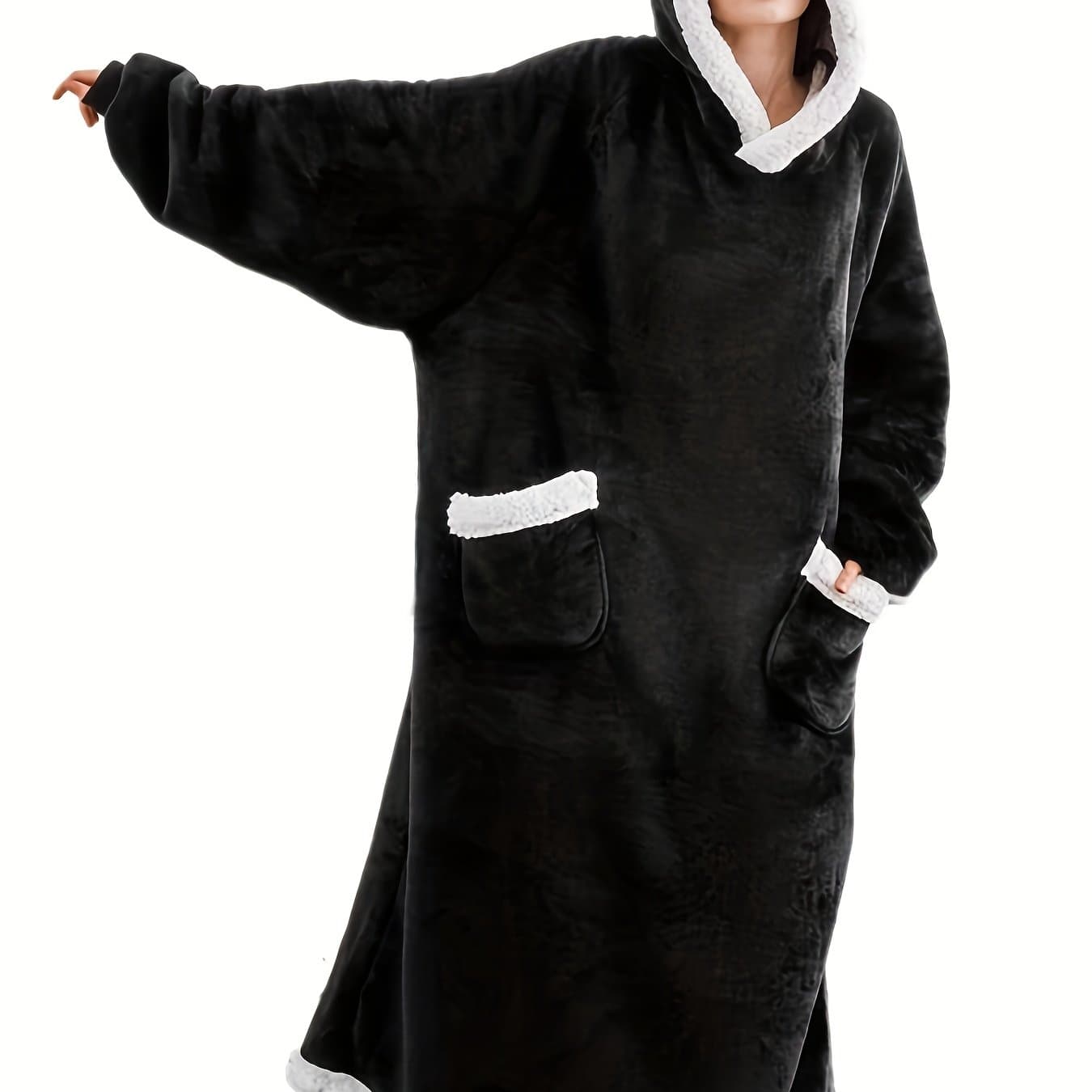 TEMU Plus Size Casual Loungewear Robe, Teenage Girl's Plus Long Sleeve Oversized Flannel Hooded Wearable Fleece Blanket With Pockets, For Teenager