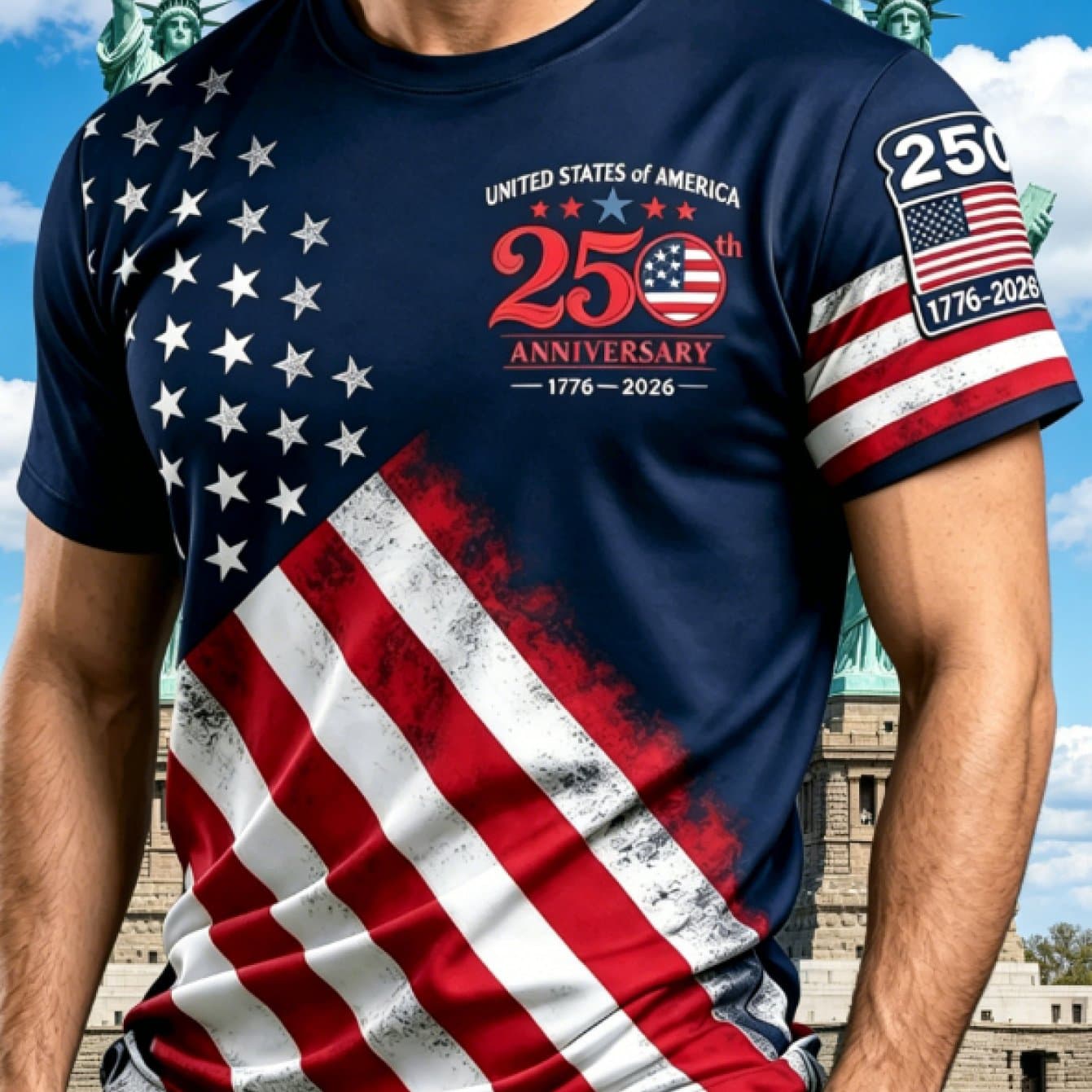 TEMU Men's 250th Anniversary American Flag T-shirt - Distressed Design, Crew Neck Short Sleeve Casual Shirt Suitable For Daily Wear & Gifts, Historical Commemorative Apparel For Day