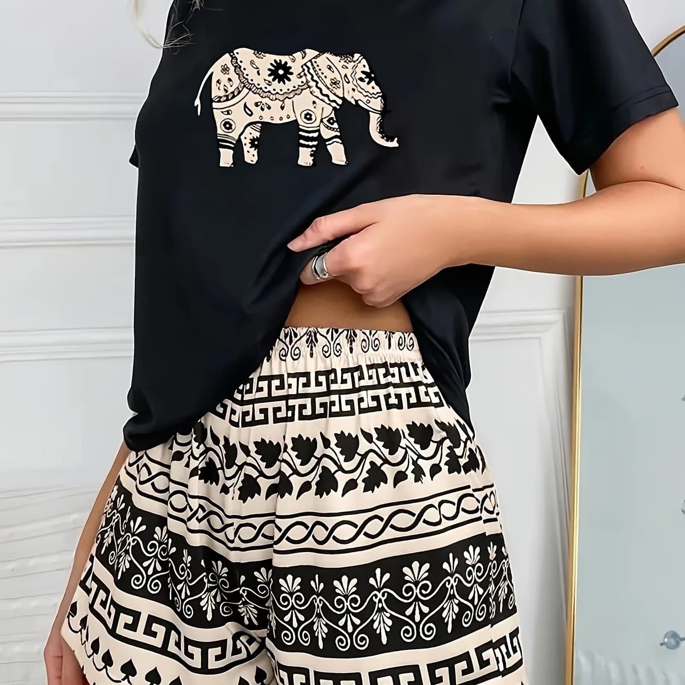 TEMU Women's Short-sleeve Pajama Set With Shorts, Featuring An Elephant Print And Made From Comfortable Fabric For