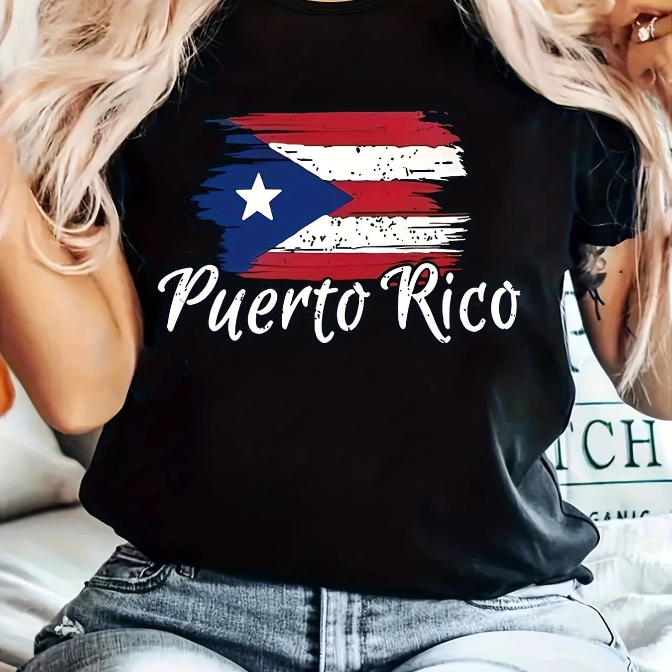 TEMU Puerto Flag Print Women's T-shirt, Casual Crew Neck Short Sleeve Tee, 95% Polyester 5% Elastane Knit Fabric, Regular Length, All Season Fashion Top