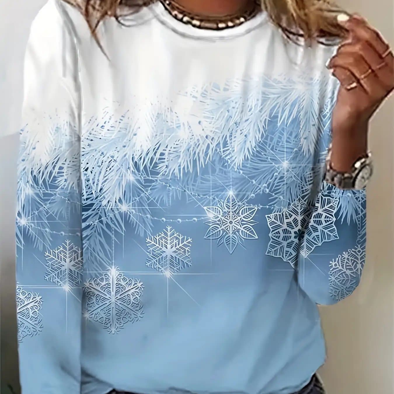 TEMU Christmas Clothes For Women Snowflake Printed Round Neck T-shirt, Spring And Autumn Casual Long Sleeve Top, Women Clothing