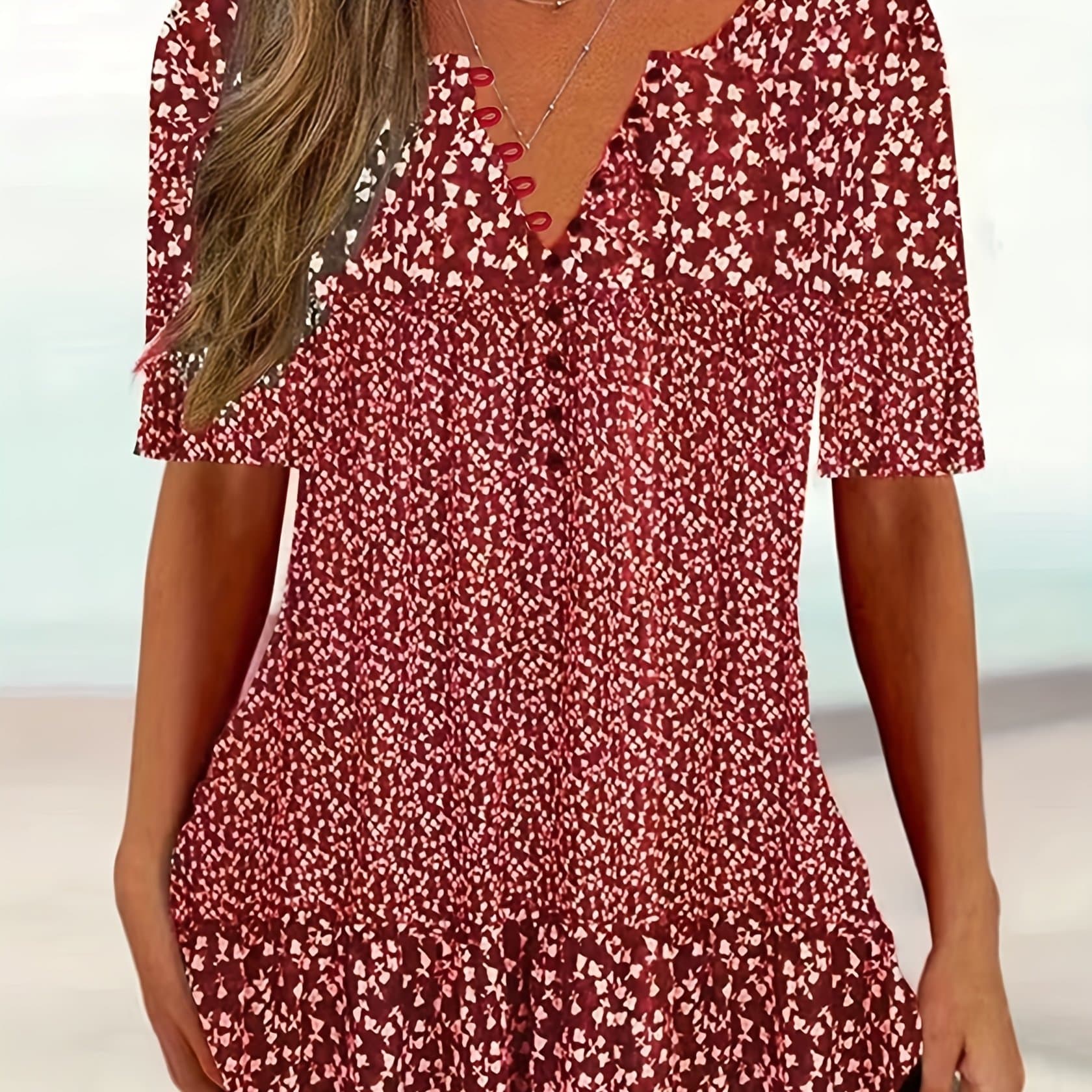 TEMU Plus Size - Plus Size - Women's Floral Print V-neck Blouse With Decorative Buttons - Casual Short Sleeve Top, Breathable, Perfect For Summer, Casual Summer Top|floral Blouse|stretchable Fabric