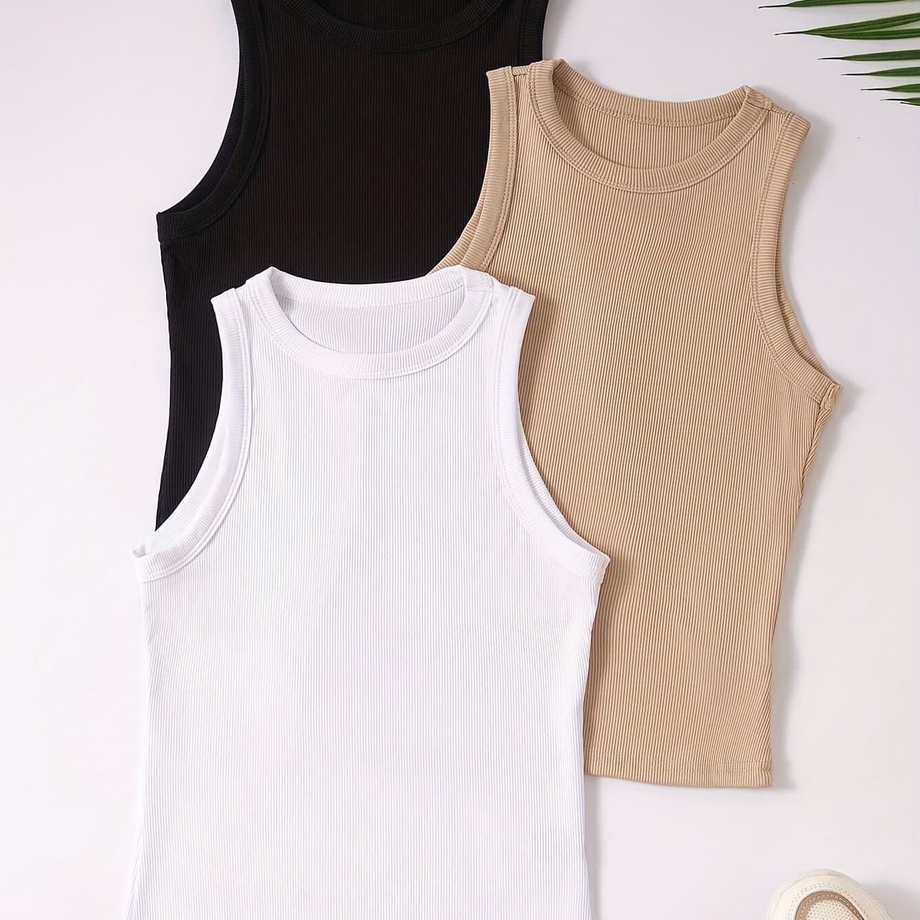 TEMU Women's Summer Solid Color 3pcs Tank Tops, Fabric Ribbed Sports Tops