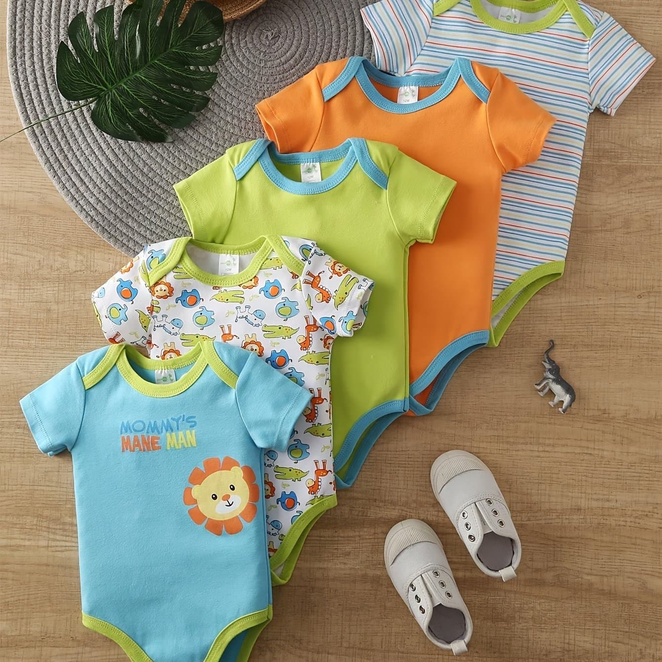 TEMU [ 5pcs Set ] Baby Boy Cartoon Jumpsuit Ha Yi Baby Sunflower Lion Crawler Clothes Bag Fart Clothes, For Outdoor