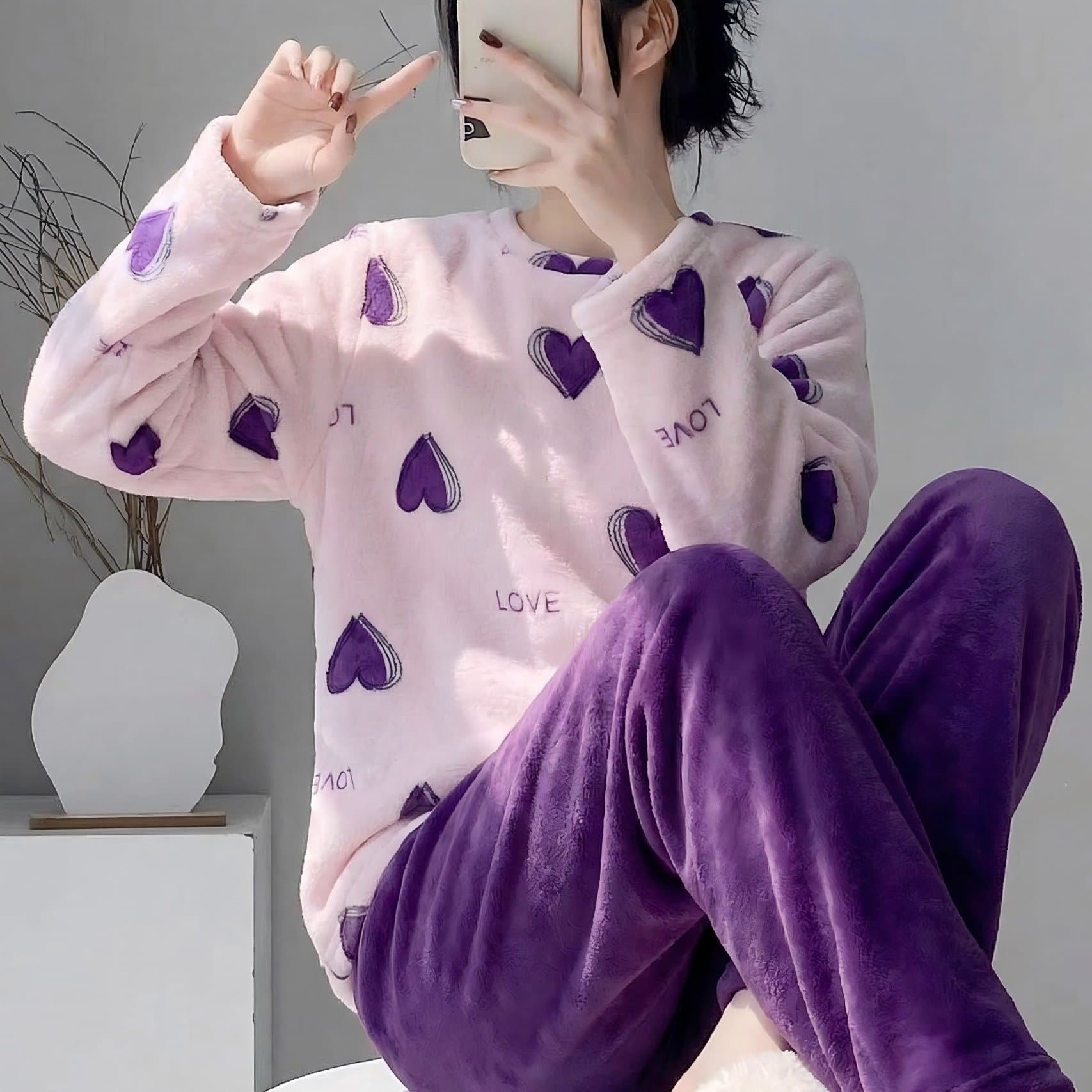TEMU Autumn/winter New Arrival Long Sleeve Long Pants Two-piece Lounge Wear Light Purple With Purple Warm And Comfortable Suitable For Sleeping, Machine Washable Sleepwear Set