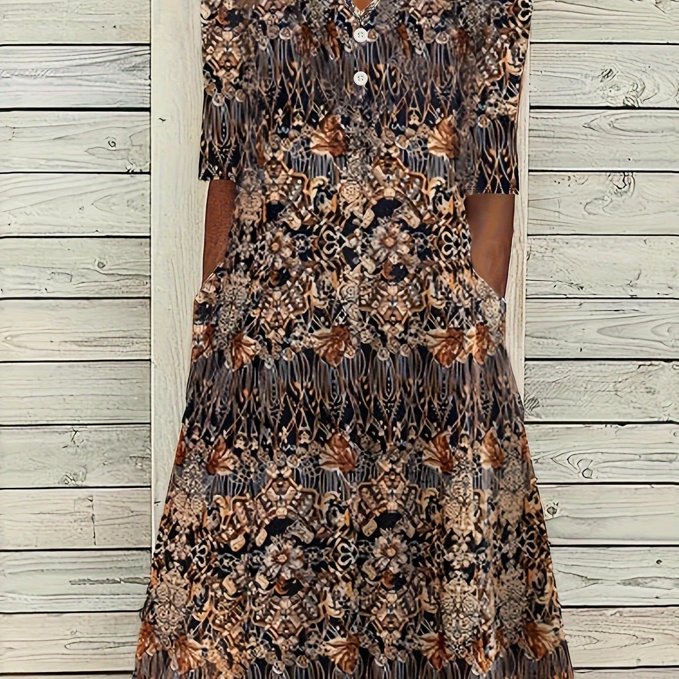 TEMU Elegant V-neck A-line Skirt With Full Printed Design - Summer Clothing For Adult Women