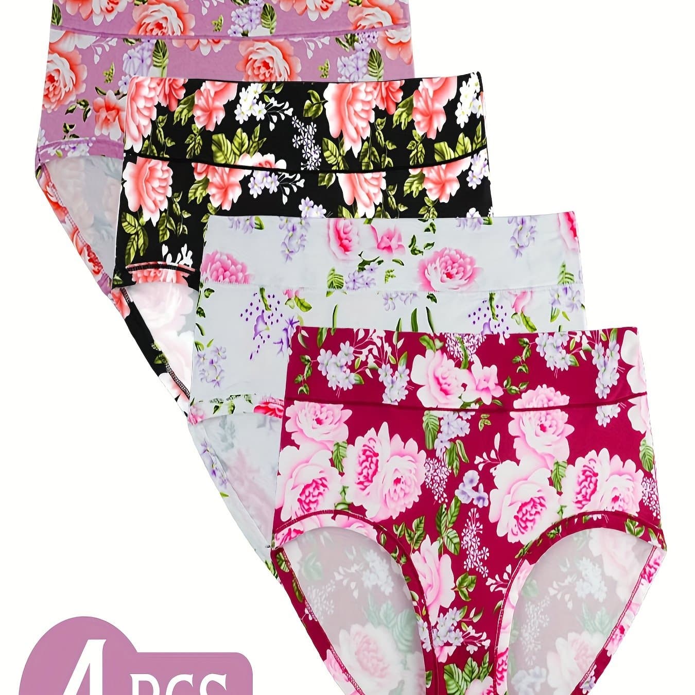 TEMU 4pcs Set Of E-commerce New Women's High-waist Panties Milk Fabric Soft Comfortable Close-fitting Rose Sexy Triangle Briefs