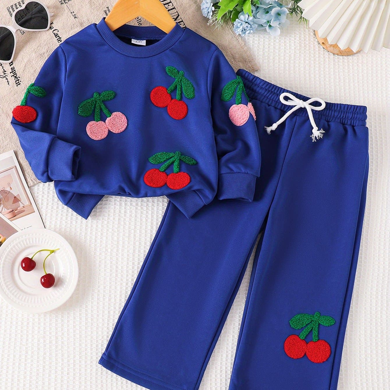 TEMU 2pcs Girls' Set Including A Top And Pants In With Cherry Pattern, Suitable For Spring And Autumn, Perfect For Outdoor