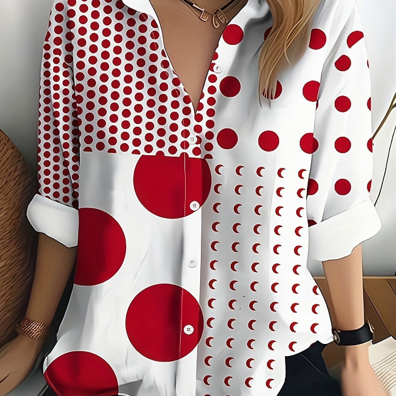 TEMU Women's Lightweight Lapel Button- Shirt With Polka Dot Collar & Lapel - Long Sleeve Button Front, Machine Washable Spring Summer Fall Blouse For Casual & Professional Wear - Non- Top