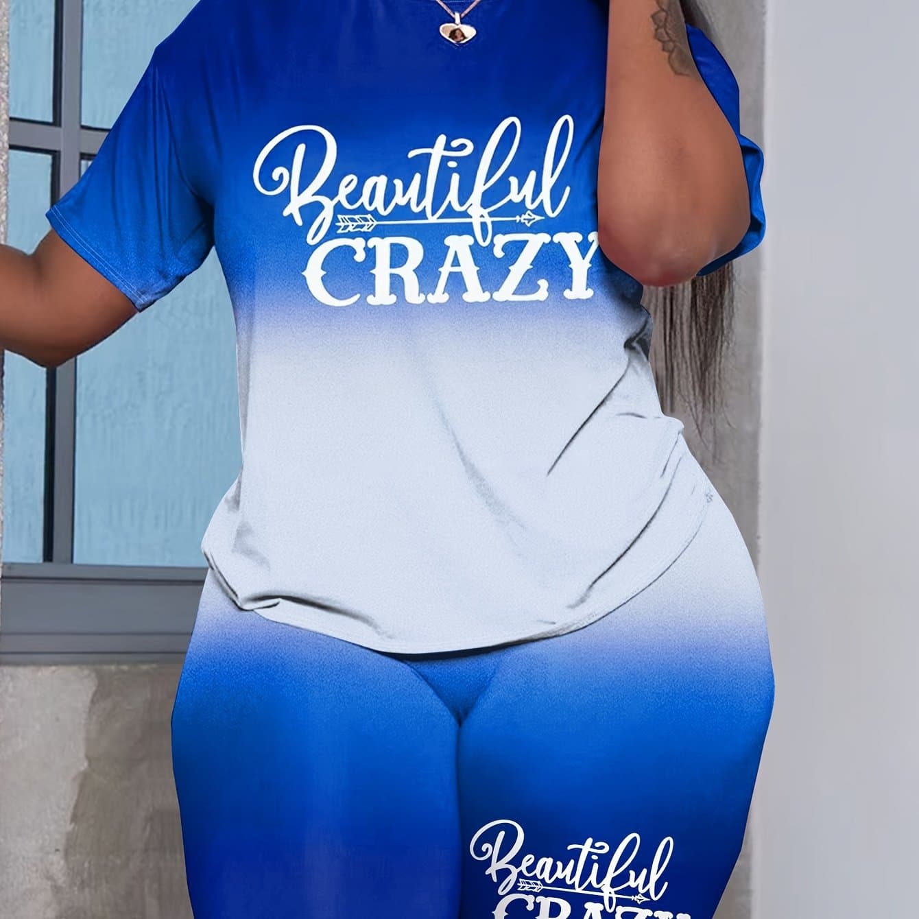 TEMU Plus Crazy Shorts Set, Crew Neck Short Sleeve Top & Shorts Outfits For , Women's Plus Size Clothing