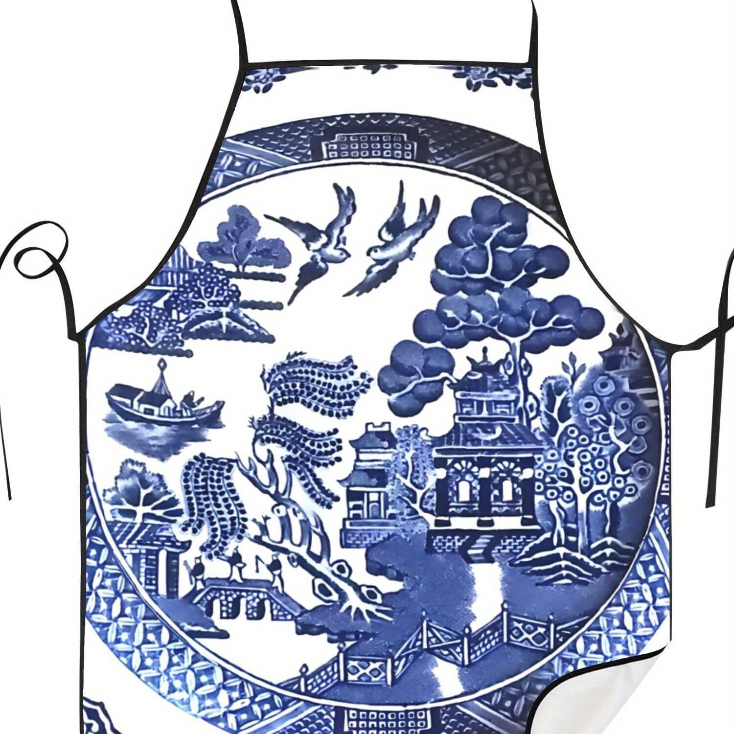 TEMU Vintage China Cooking Apron - Traditional Porcelain- & Floral Print, Fabric For Home Kitchen Use, Hand Wash/