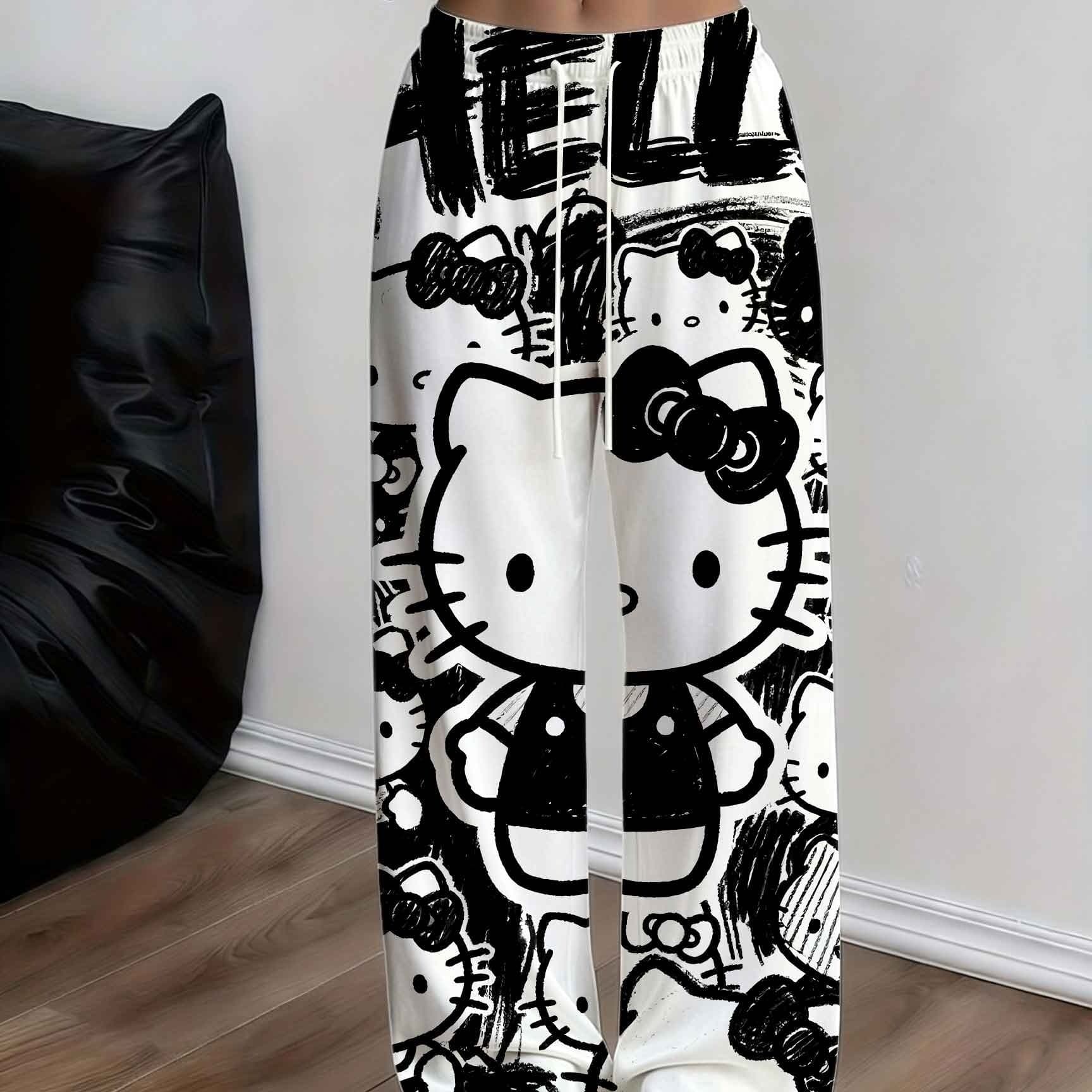 TEMU Plus Size Women Wide Leg Pants White Hello Kitty Print And Text Straight Leg Pants Casual Wear Full Printed