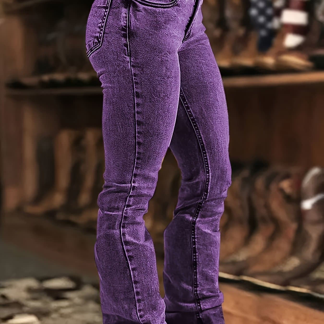 TEMU Women's Fashion Elastic Denim Flared Trousers