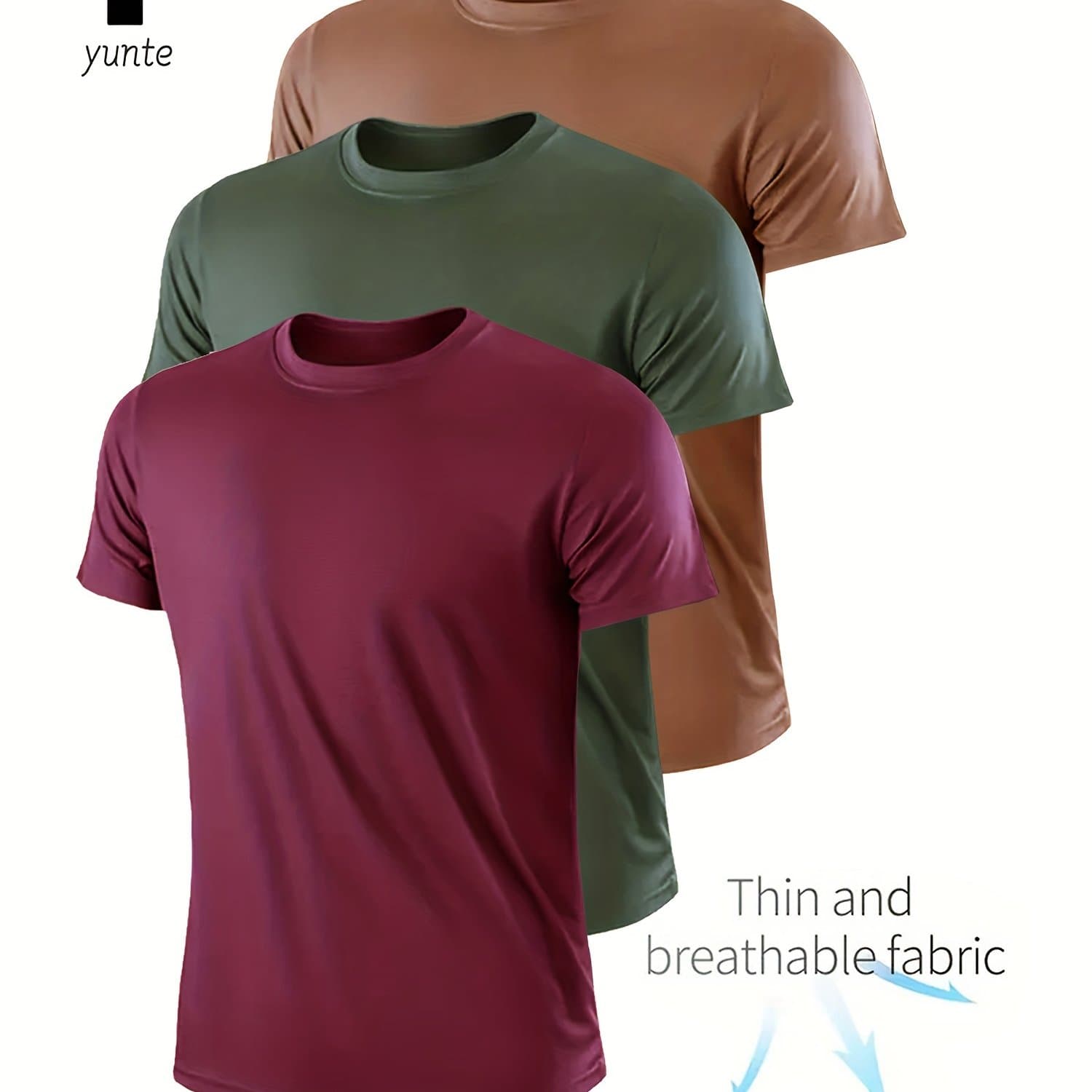 TEMU 3pcs Men's Quick-dry Athletic T-shirts - Breathable, Moisture-wicking Crew Neck Tees In , Army Green, Khaki - Gym, Running & Training