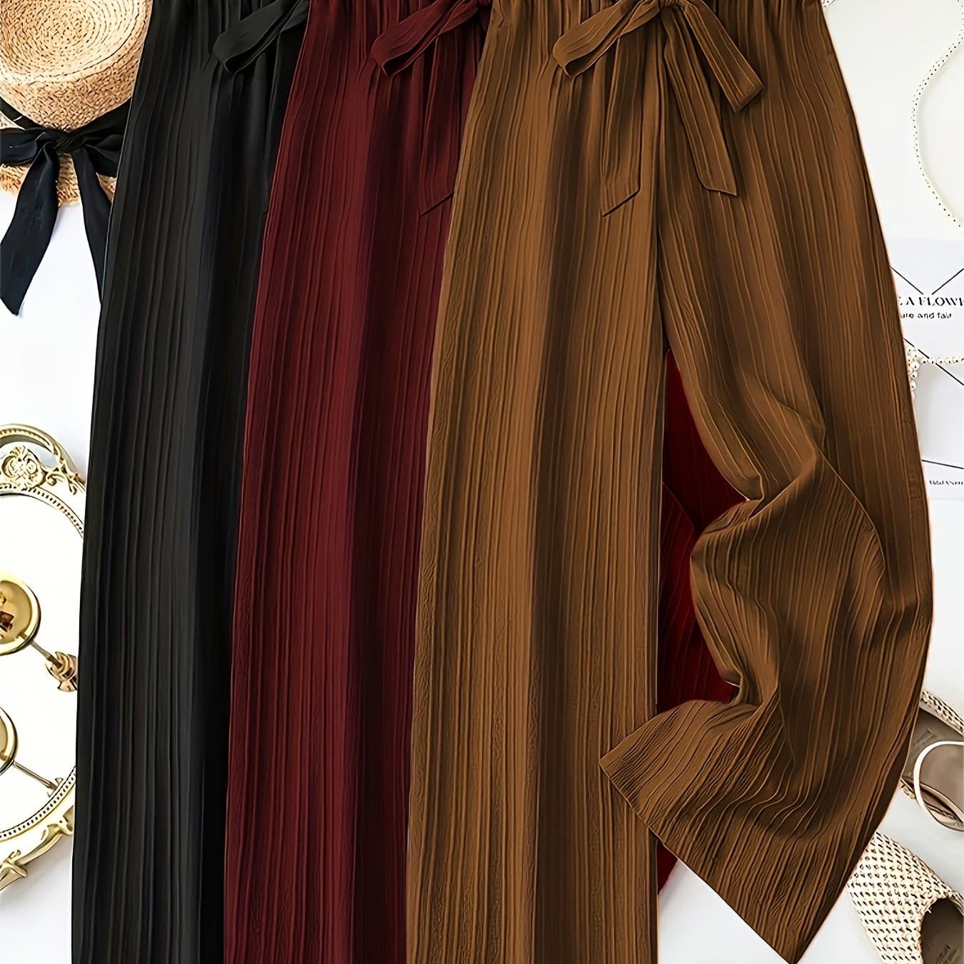 TEMU 3pcs Women's Elegant Solid Color Striped Long Pants With Bow Detail - Comfortable Loose Fit, Elastic Waistband, Perfect For Spring And Summer Casual Wear