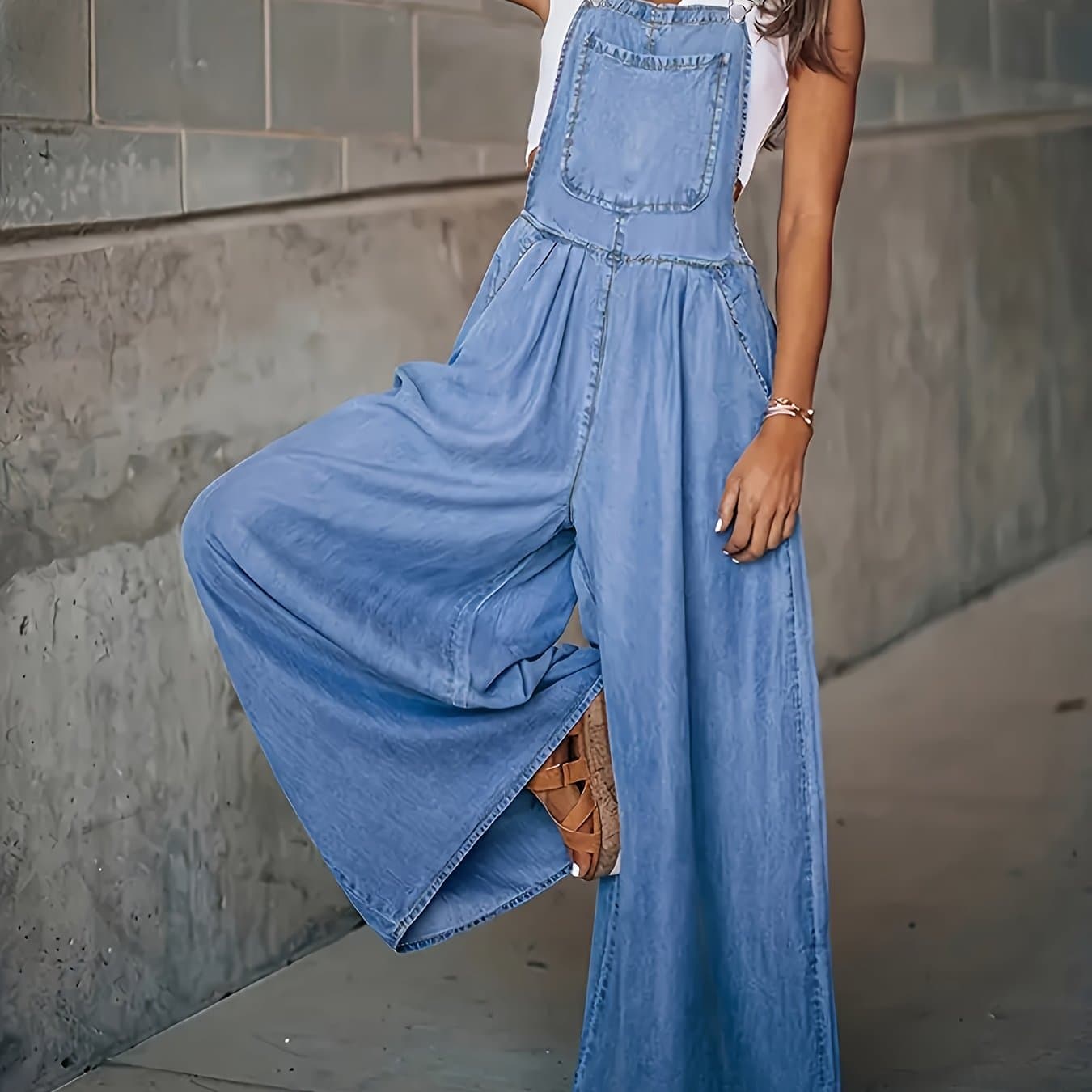 TEMU Chic Sleeveless Denim Jumpsuit - Relaxed Fit With Side Pockets, Adjustable Straps - Versatile Apparel