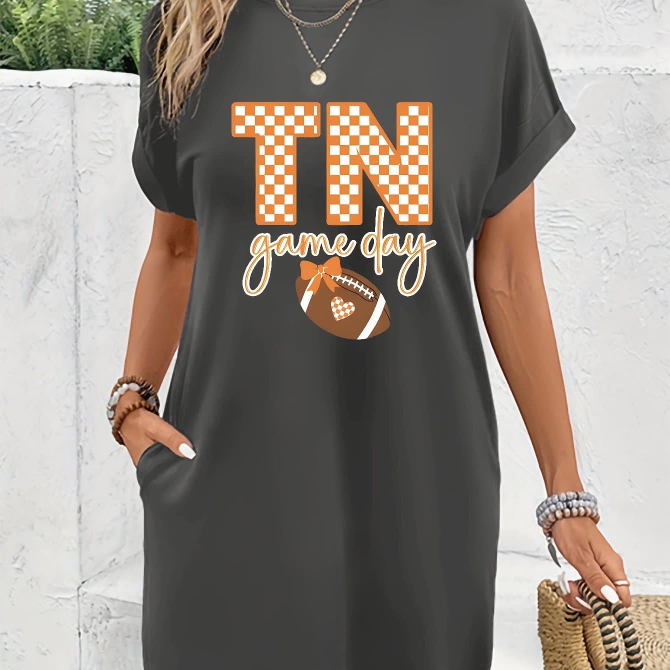 TEMU Women's Casual Short Sleeve Round Neck T-shirt Dress With Tennessee Checkered Print & Football Graphic - Breathable Loose Fit Knee-length Machine Washable Spring Summer Casual Wear