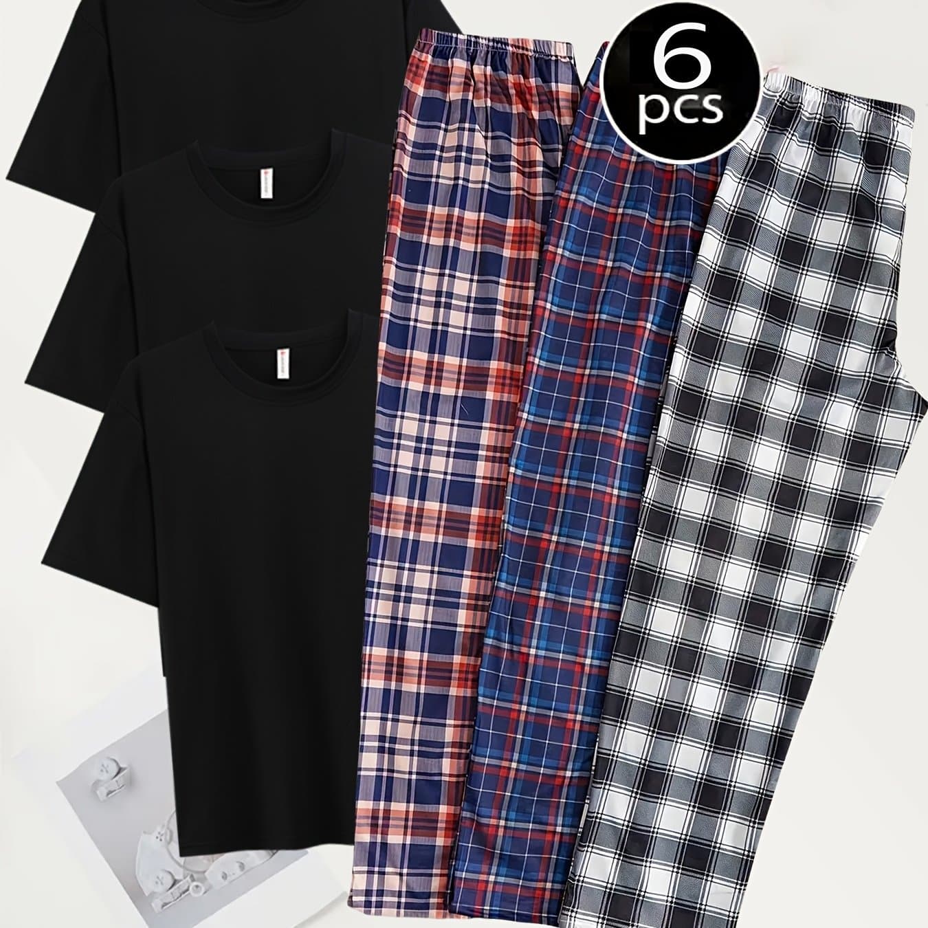 TEMU 6pcs Men's Loungewear Set 6pcs Soft And Comfortable Short Sleeve Trousers Multi Piece Loungewear Set 3 Sets Of Pajamas Short Sleeve Trousers Combo Set Elasticated Waist Outside