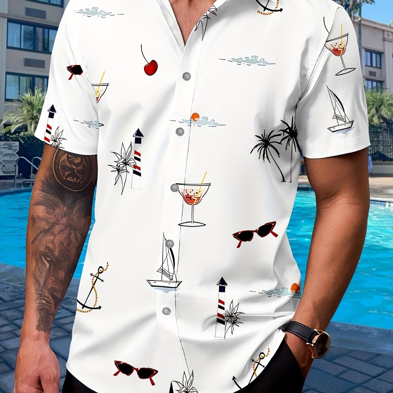 TEMU Men's Casual Summer Short Sleeve Shirt - Vibrant, Graphic Print, Comfortable Fabric, Button-up Collar, Weekend & Outdoor Activities