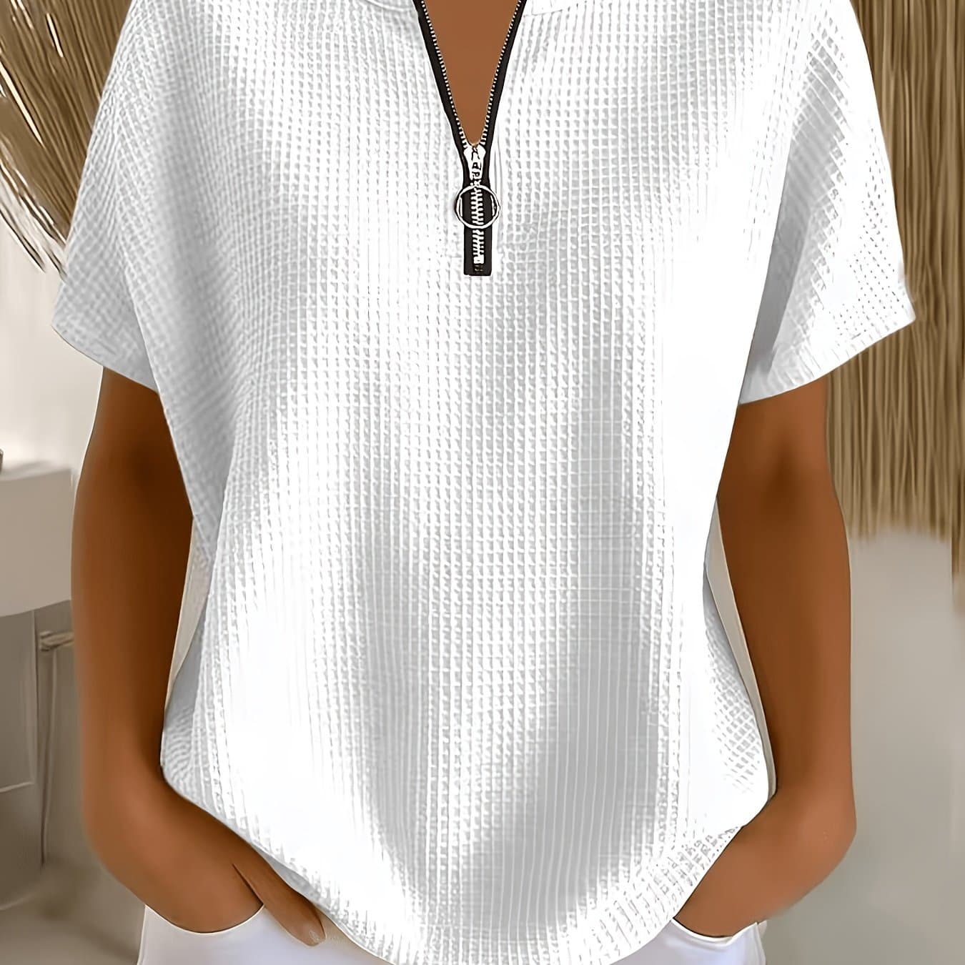 TEMU Women's Elegant Fashion Loose Solid Color Zipper Detail Easy Short Sleeve Top