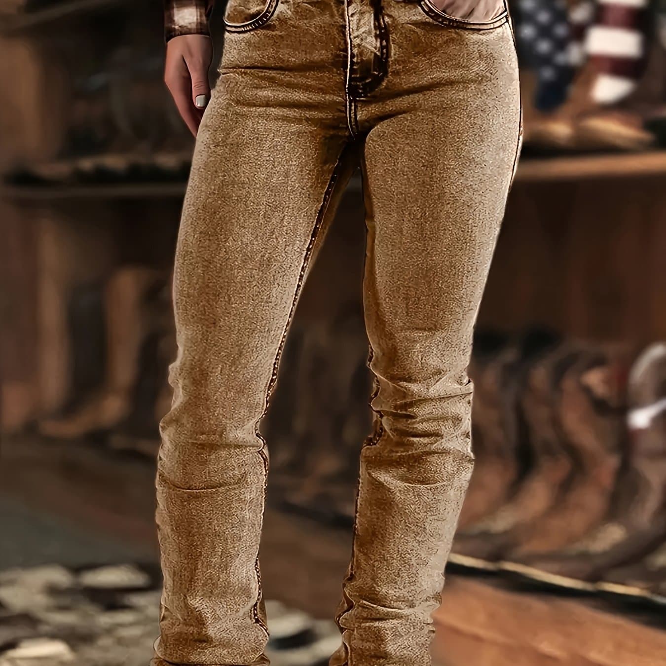TEMU High Waisted Brown Washed Vintage Western Denim Style Stacked Elastic Horseshoe Slightly Flared Pants