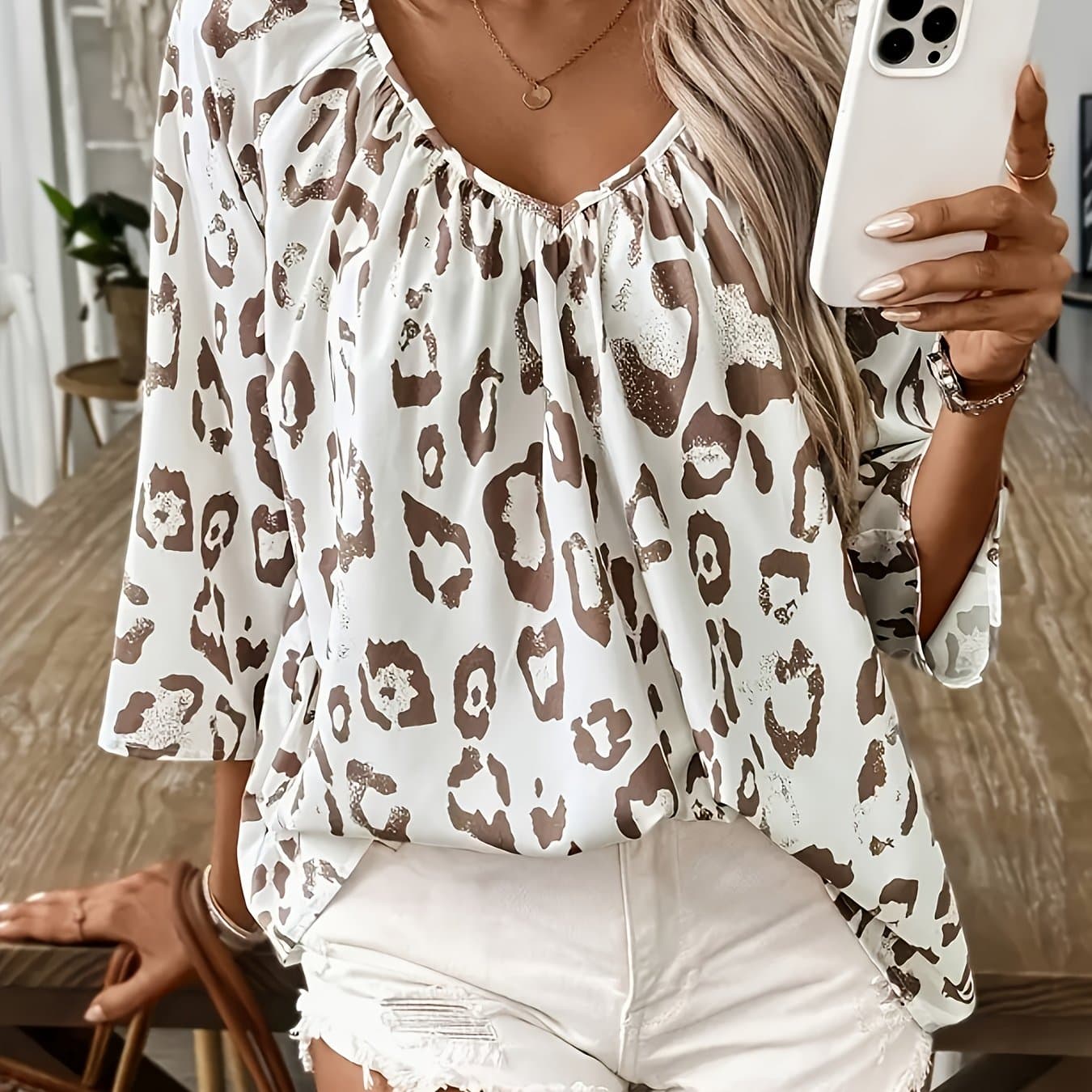TEMU Women's Khaki Leopard Print Deep V-neck T-shirt Blouse - Short Sleeve Asymmetrical Ruffle And Details, Elegant Fashion Shirt For Spring Summer Fall