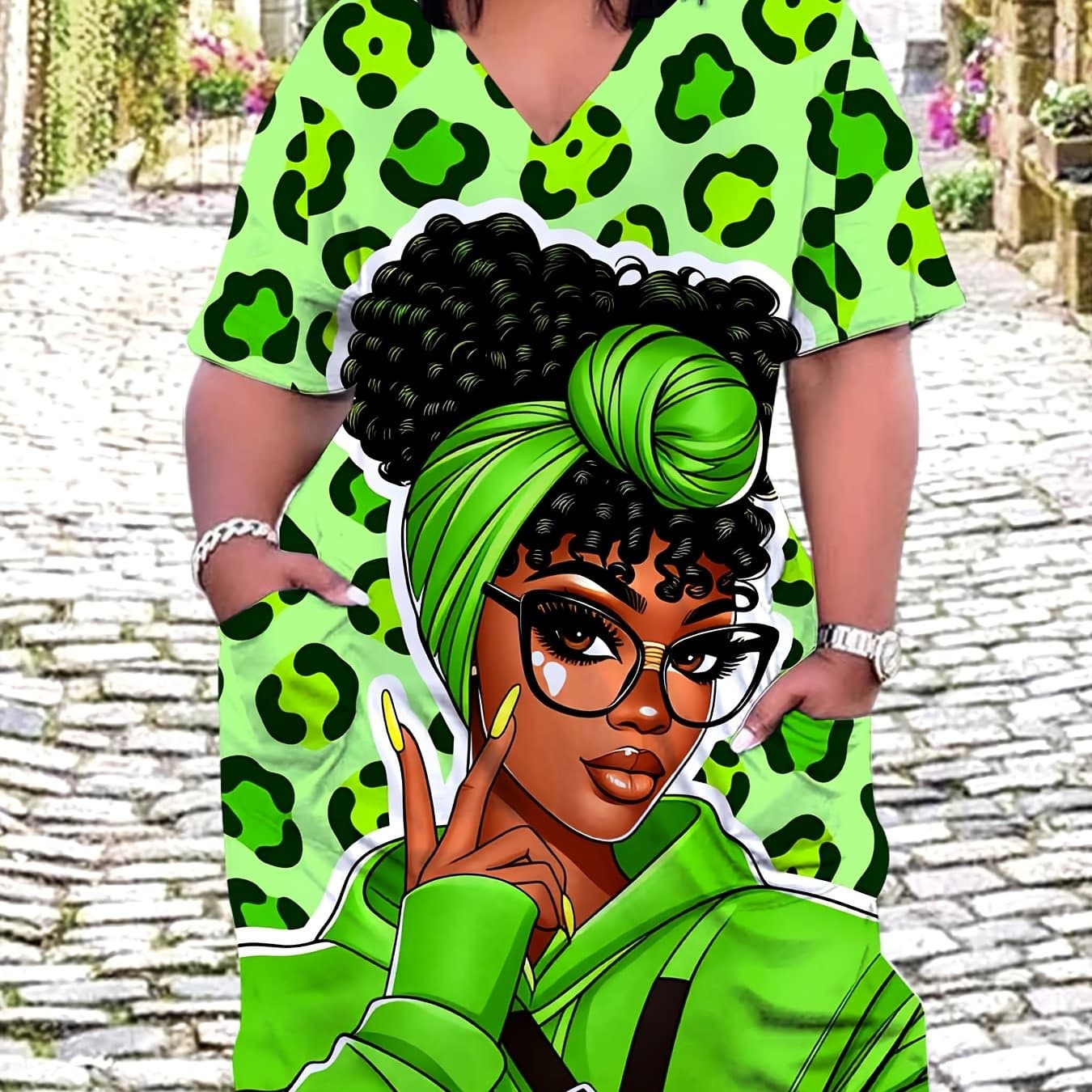 TEMU Casual Sporty Style Suitable For Leisure And Exercise Women's Plus Size Casual Dress With Print And Cartoon Woman Design Perfect For Summer And Daily Wear Ideal Gift For