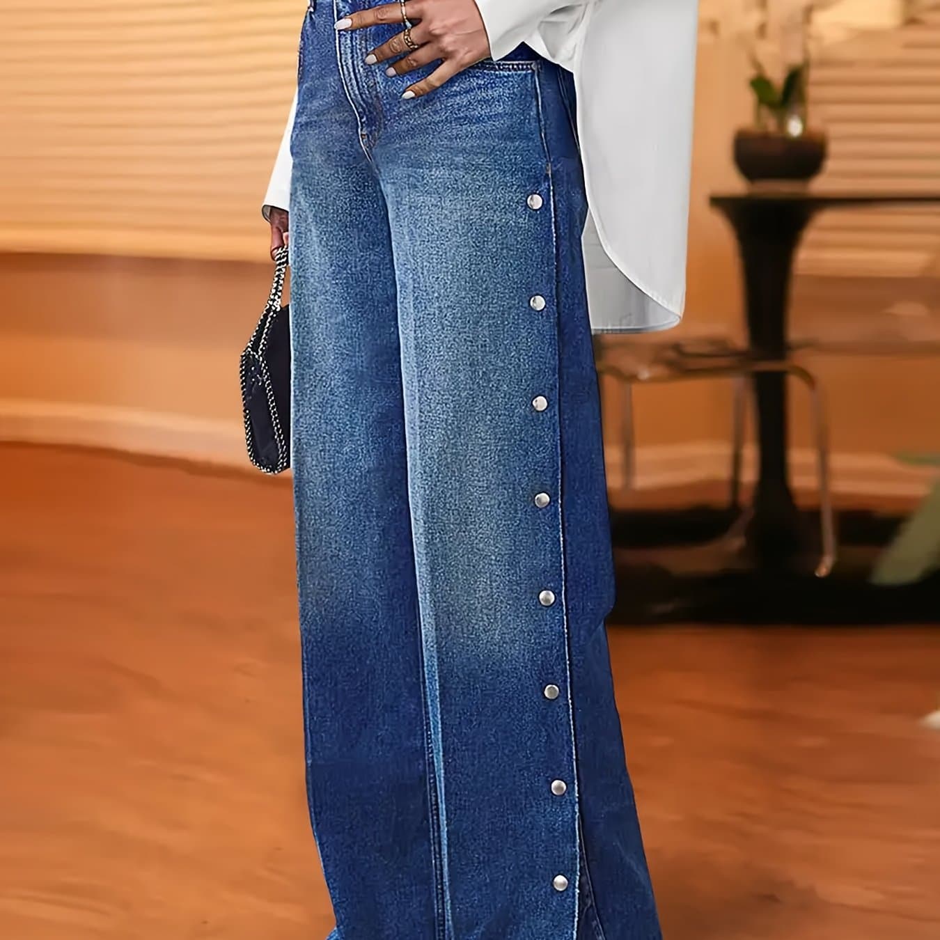 TEMU High-waisted Classic Side Button Wide-leg Jeans For Women