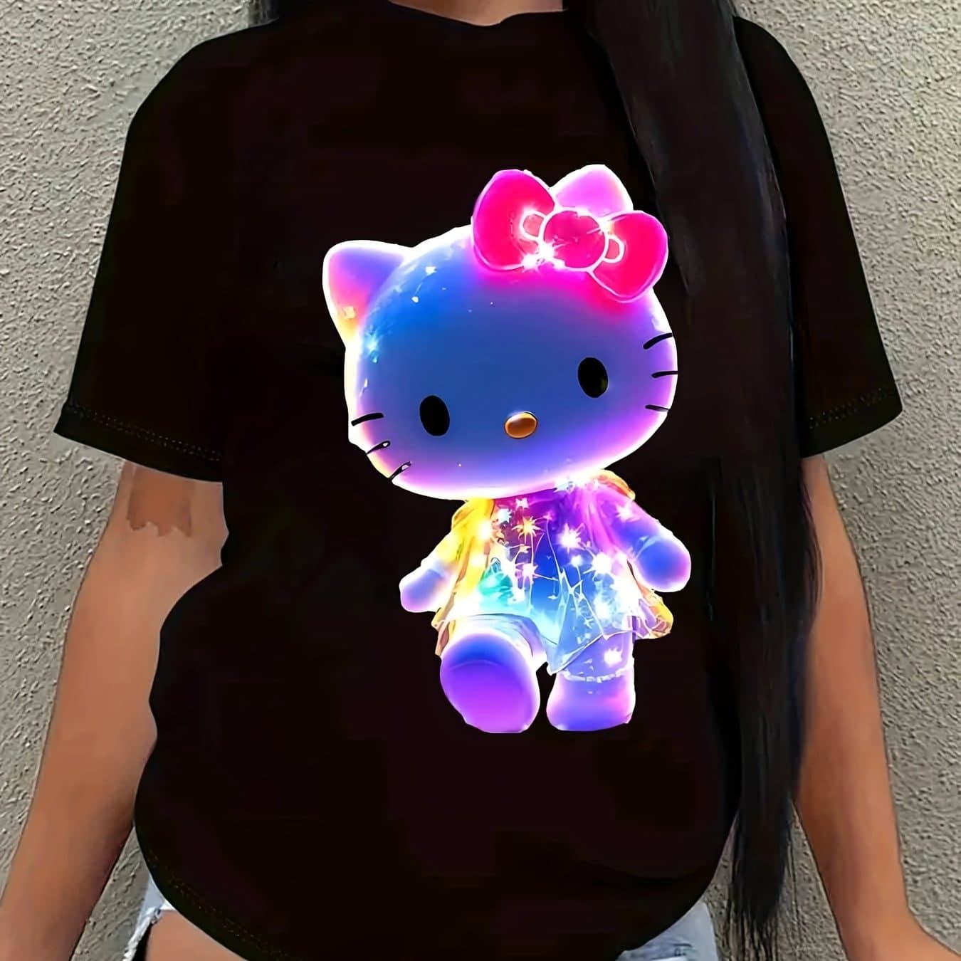 TEMU Hello Kitty Neon Glow T-shirt For Women & - Black With Pink Bow & Hello Kitty Face, -the- Green & Light, Summer Casual Tee For Anime Fans, Night Outfits, Beach Outfits, Machine Washable