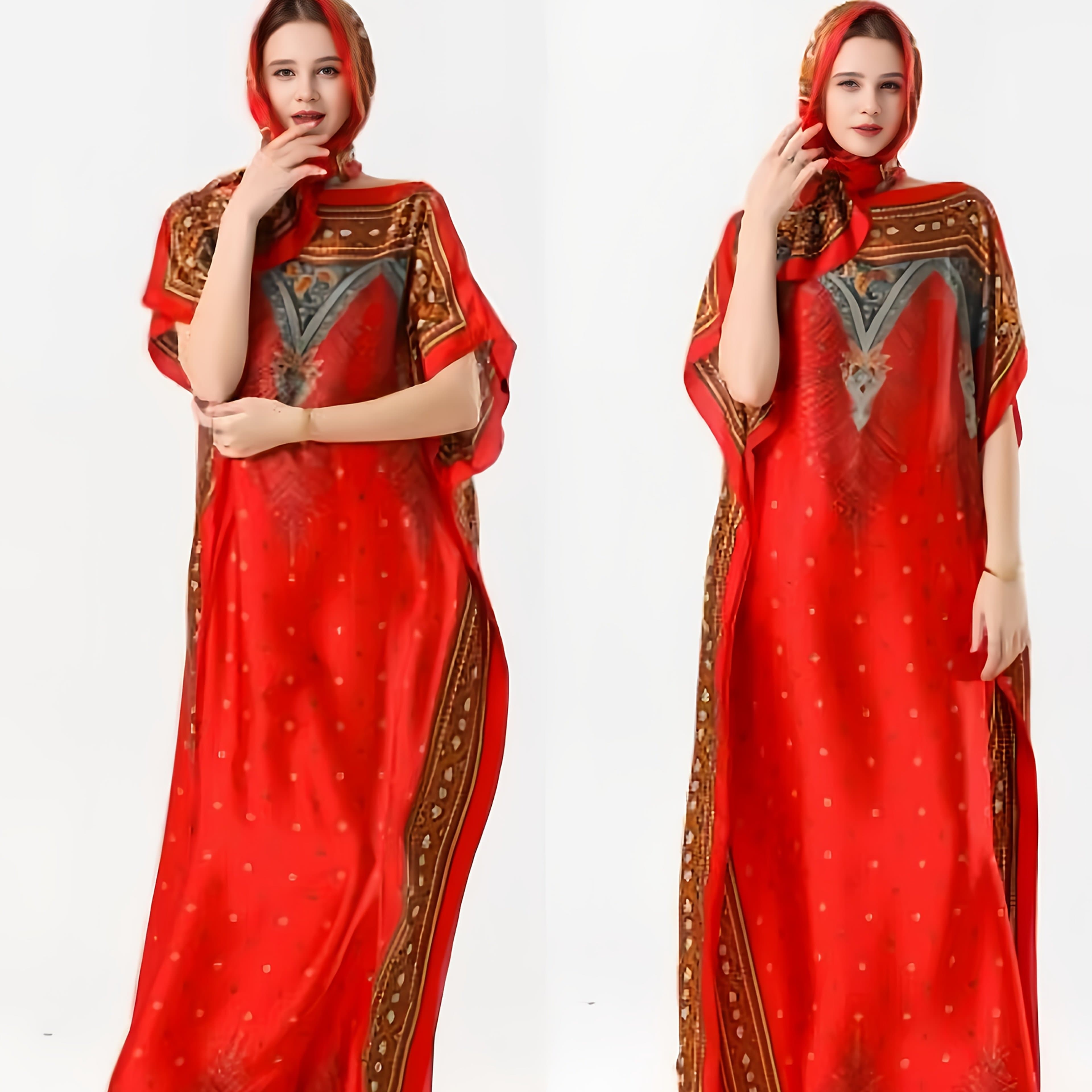 TEMU Women's Printed Red Elegant Dress With Series Of Scarves, Elegant Bat Sleeves, Robe, Long Swimsuit Blouse, Beach Skirt, Casual Clothes.