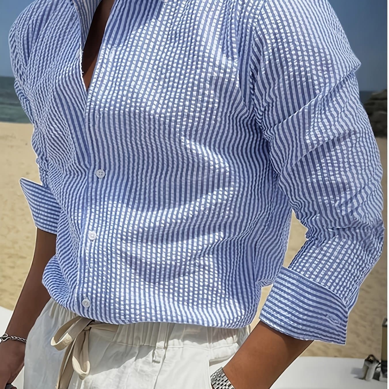 TEMU Spring/summer Comfortable, Refreshing, And Breathable Textured Bubble Gauze Striped Long-sleeve Lapel Shirt For Men And Women, Casual Light , Close To Earth Yellow