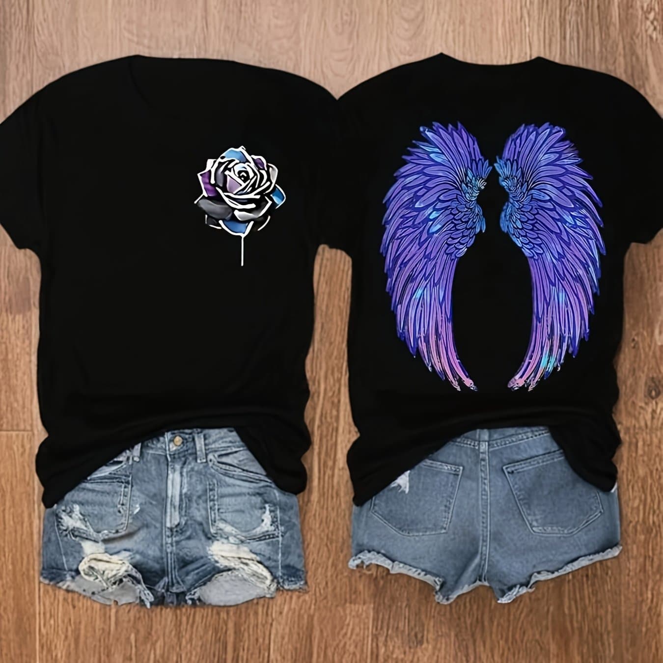 TEMU Short Sleeved, Wings Feathers Printed Round Neck Women's Casual Short Sleeved Top, Women's Clothing, ,