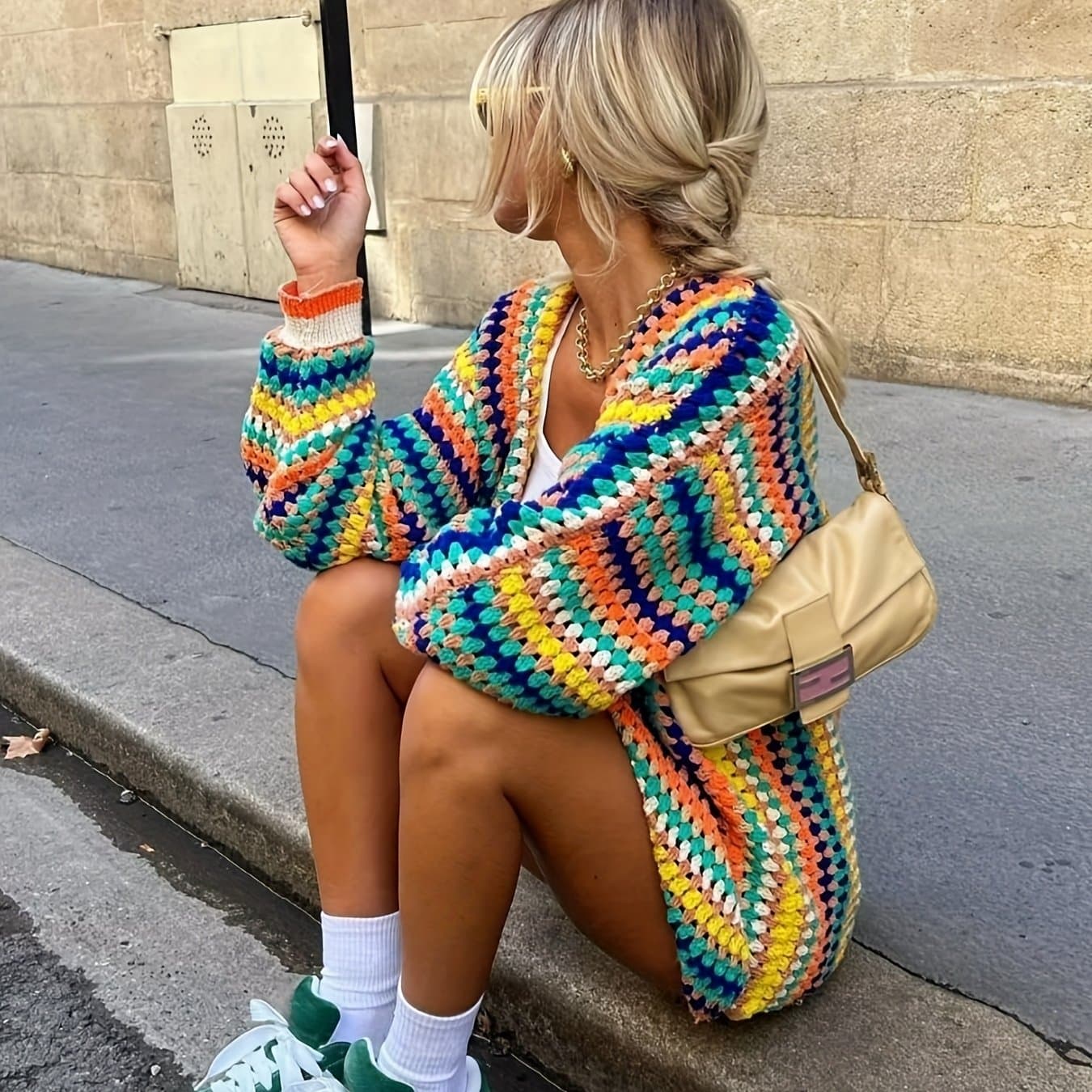 TEMU Zj0922002 Women's Oversized Casual Soft Cardigan, Striped Multicolor Long Sleeve Sweater, Bohemian Fall Coat