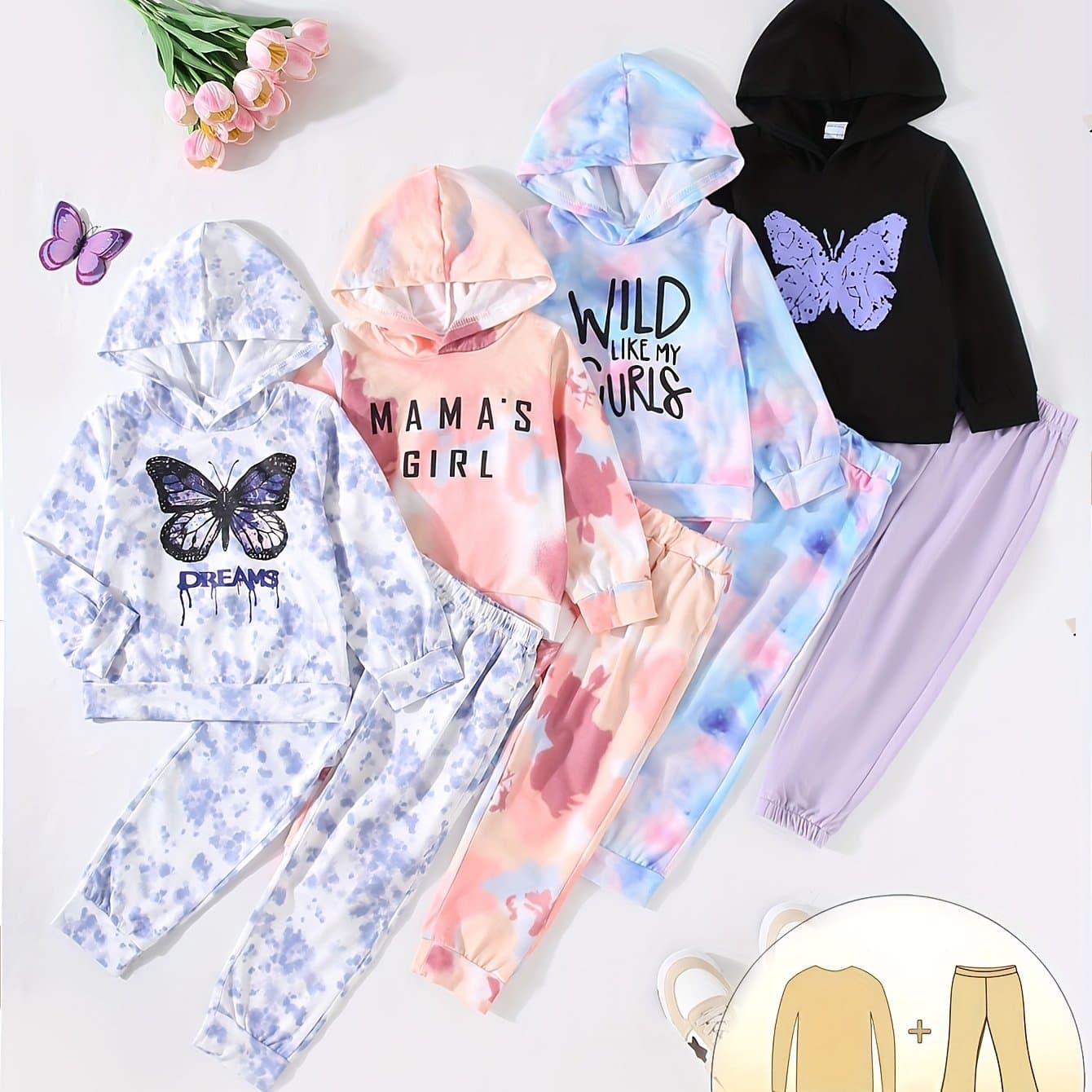 TEMU Random Two-piece Set Of Girls' Autumn/winter Clothing, Including 1 Sweatshirt + Pants, Plain Printed Hooded Long-sleeved Sweatshirt And Printed Pants, For Outdoor