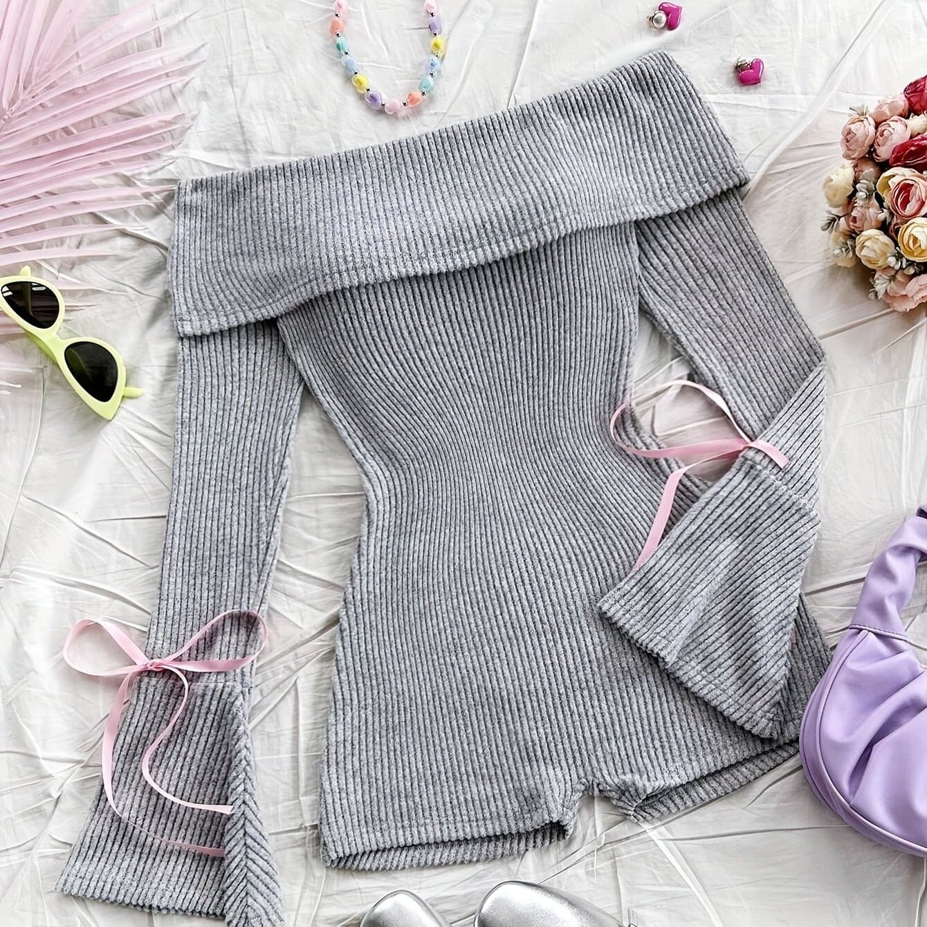 TEMU Elegant Women's New Autumn And Winter Solid -shoulder Long Sleeve Flared Jumpsuit