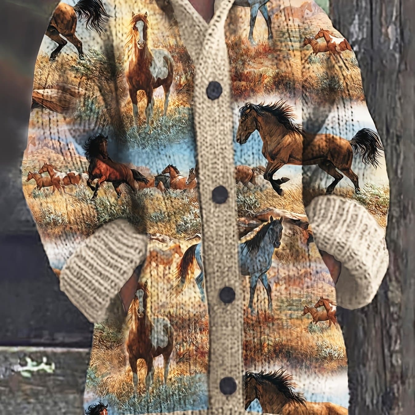 TEMU Vintage Horse Print Cardigan Button Up Sweater Jacket Casual Long Sleeve Outerwear Loose Fit Warm Coat For Daily Wear Travel Streetwear Autumn Winter