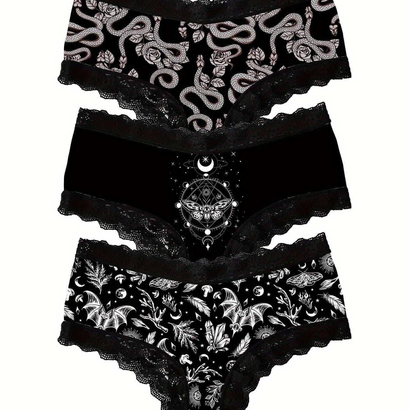 TEMU Women's Botanical Snake Print Lace Trim Bikini Panties Three-pack