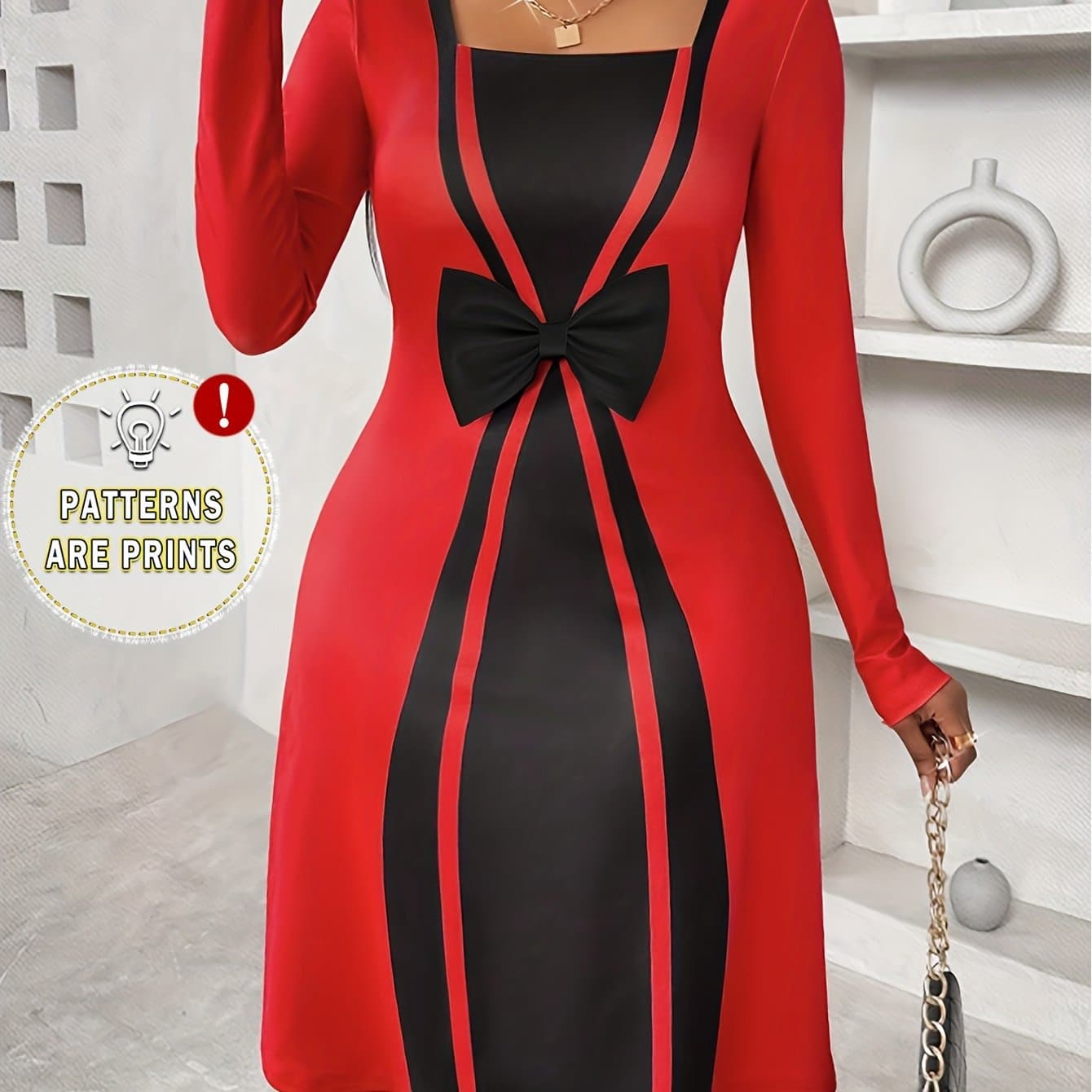 TEMU Plus Size - Plus Size - Large Size Women's Long Sleeve Dress, Digital Printed Bow, Outdoor Beach Vacation Women's Clothing
