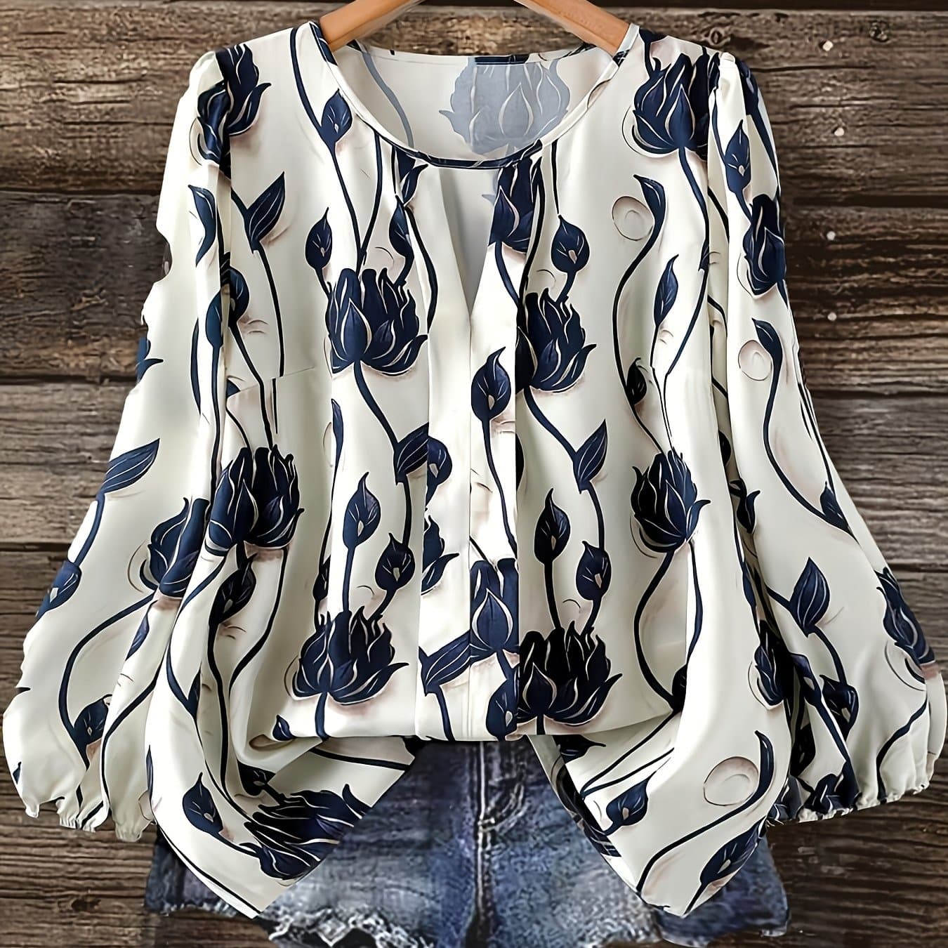 TEMU Floral Print Round Neck Long Sleeve Shirt
