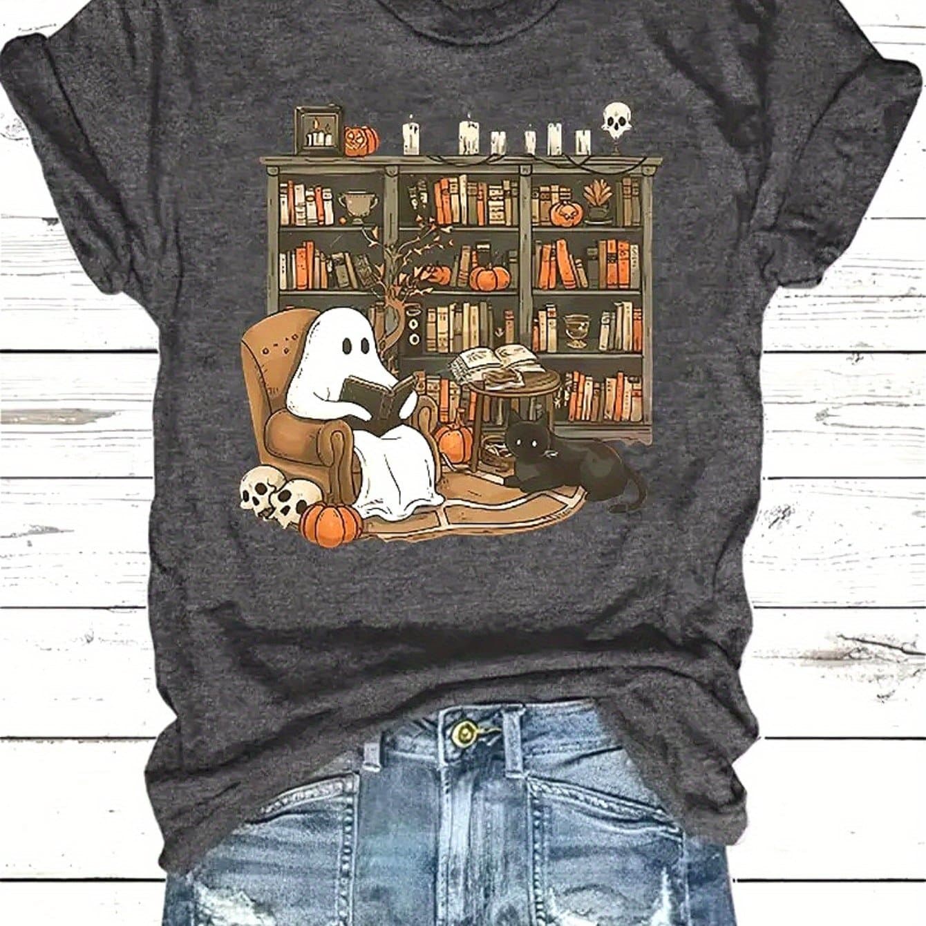 TEMU Crew Neck Tee - Stylish Women's Halloween Creepy Library Graphic Print Shirt - Casual Short Sleeve Crew Neck Top - Light And For Spring And Summer Outfits